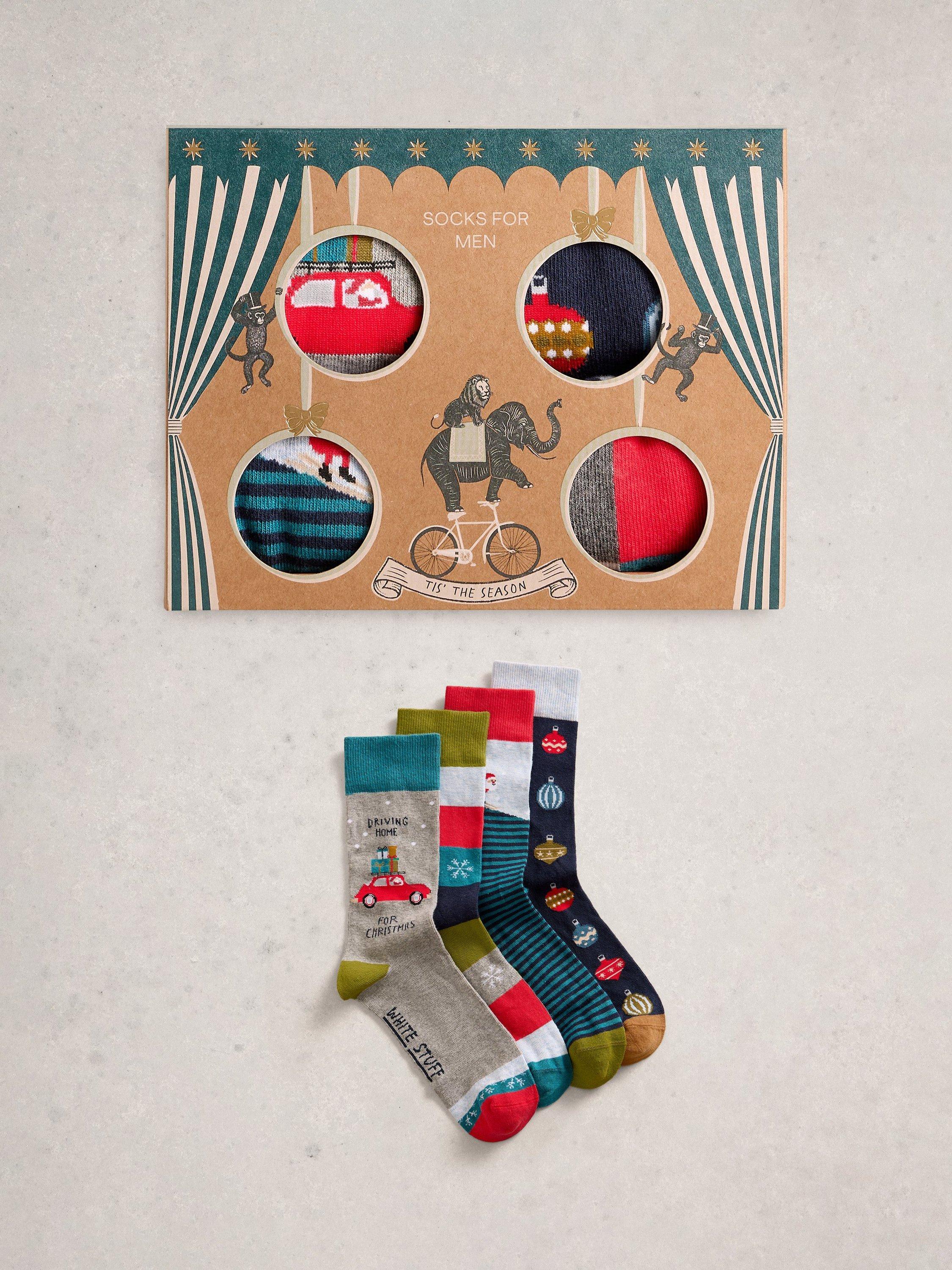 Product image 1 of 4, which shows White Stuff Christmas Socks, Pack of 4, Multi, 7-8.5