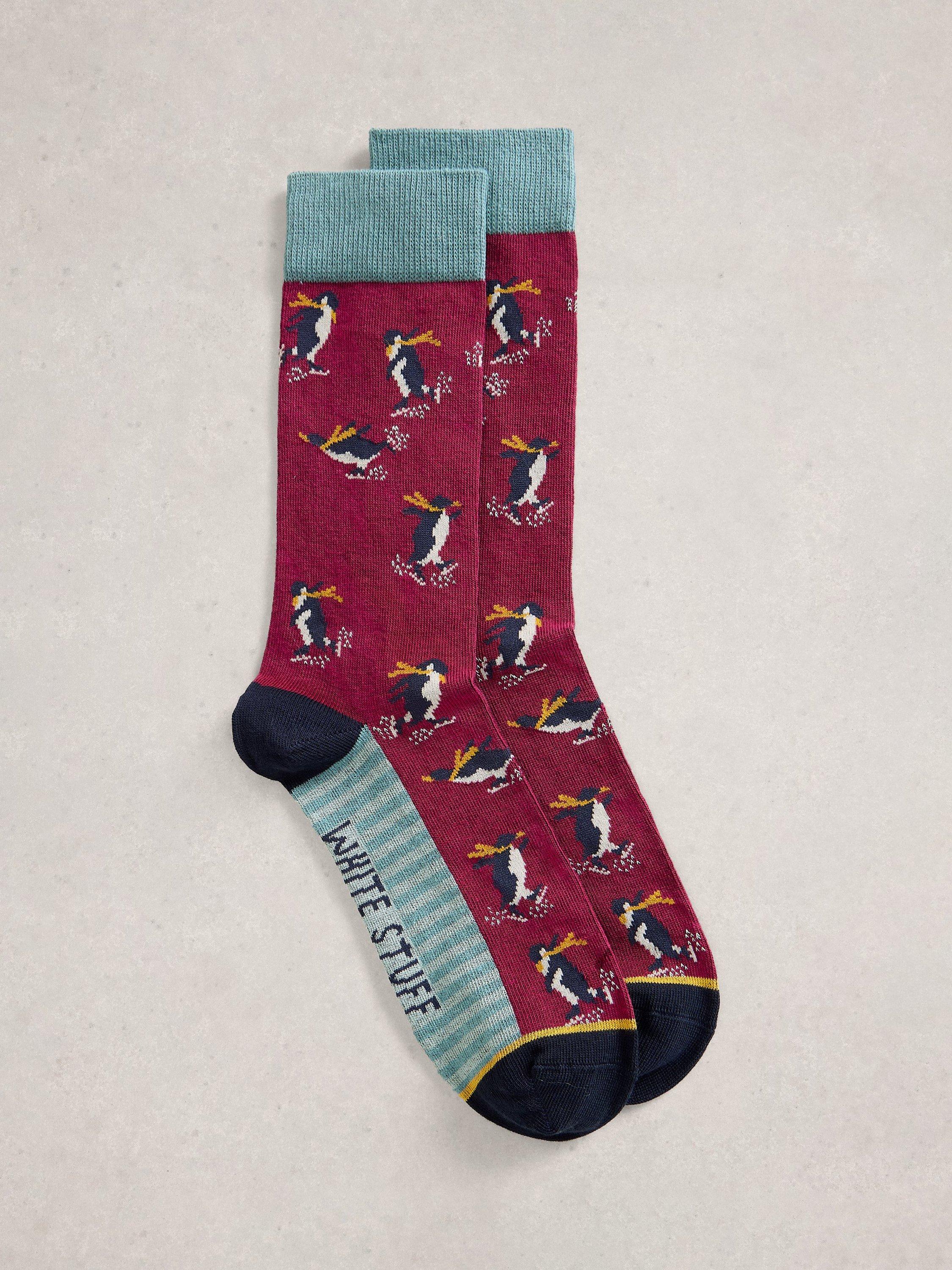 Product image 2 of 3, which shows White Stuff Skiing Penguins Cotton Blend Socks, Red/Multi, 9-12