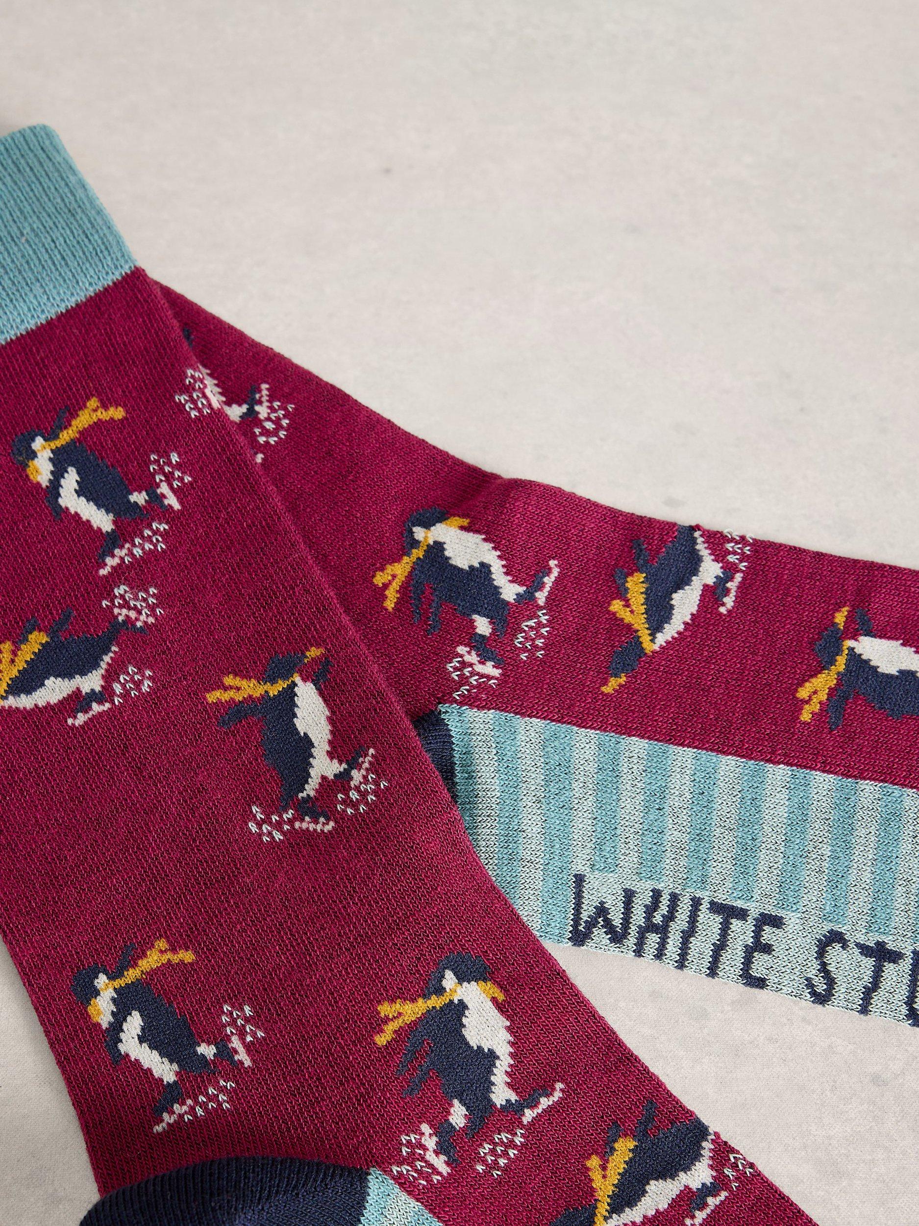 Product image 3 of 3, which shows White Stuff Skiing Penguins Cotton Blend Socks, Red/Multi, 9-12