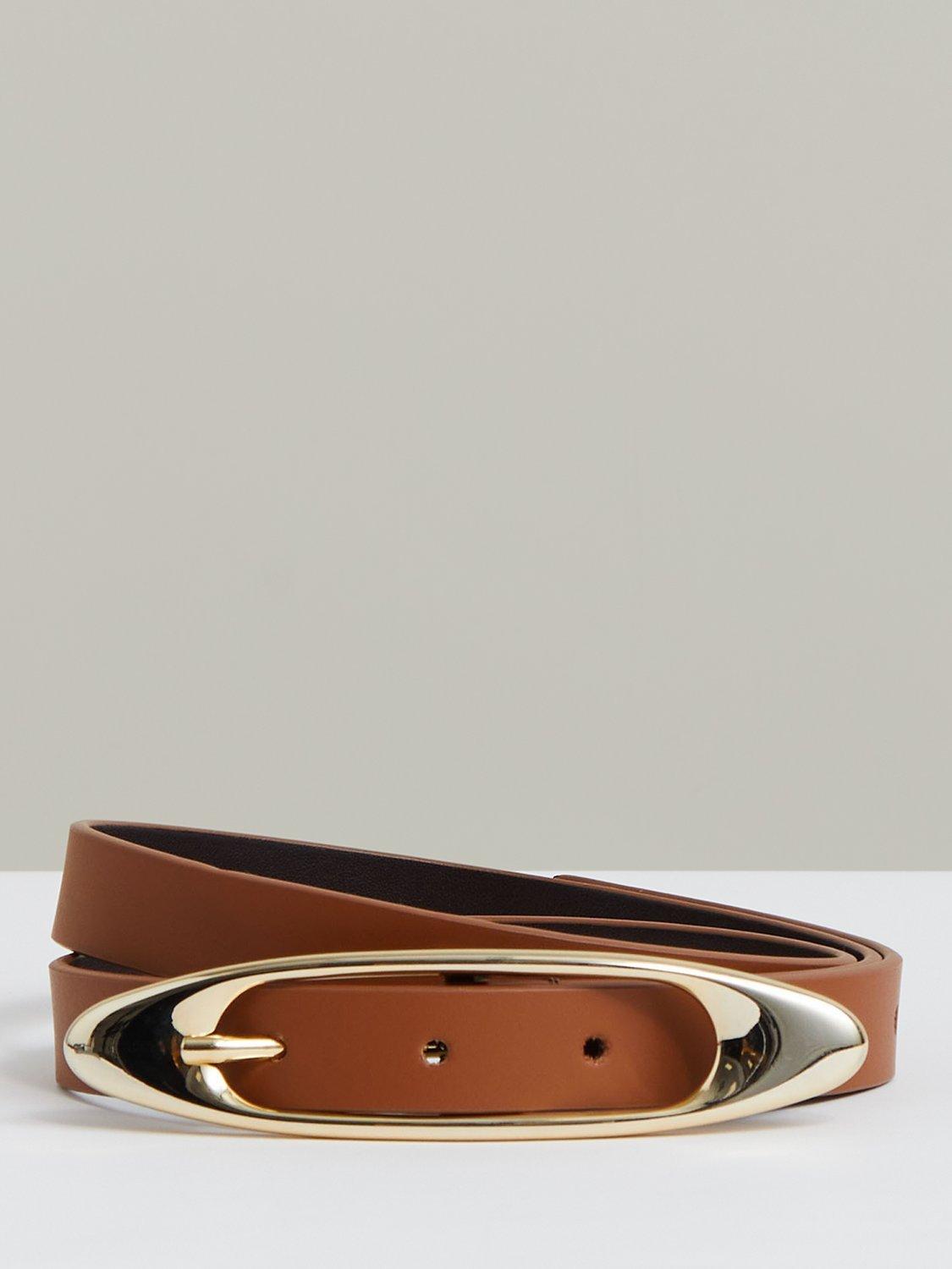 Product image 1 of 4, which shows Reiss Evelina Oval Buckle Leather Belt, Tan, L