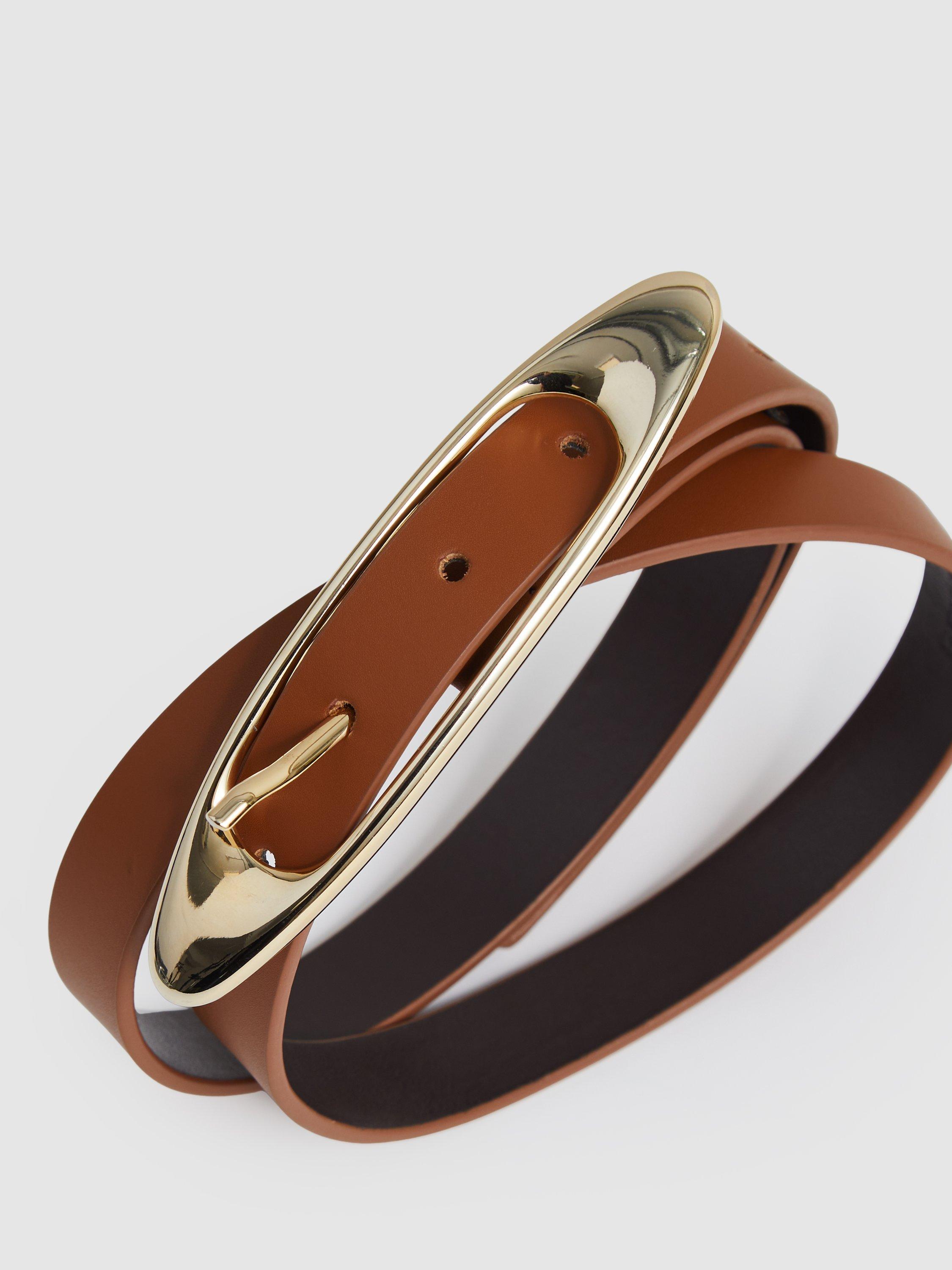 Product image 4 of 4, which shows Reiss Evelina Oval Buckle Leather Belt, Tan, L