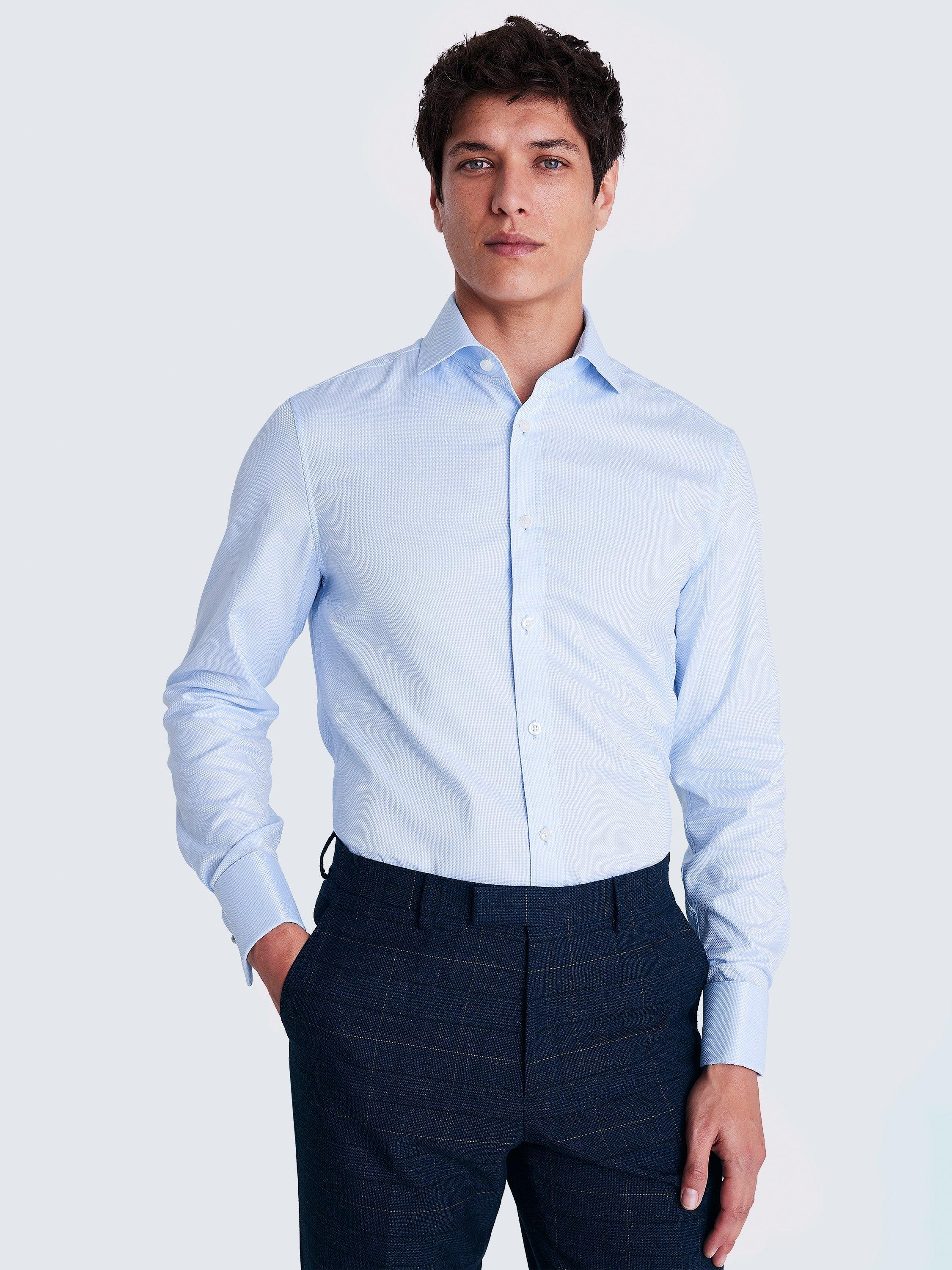 Product image 1 of 4, which shows Moss Double Cuff Long Sleeve Dobby Shirt, Sky, 14.5