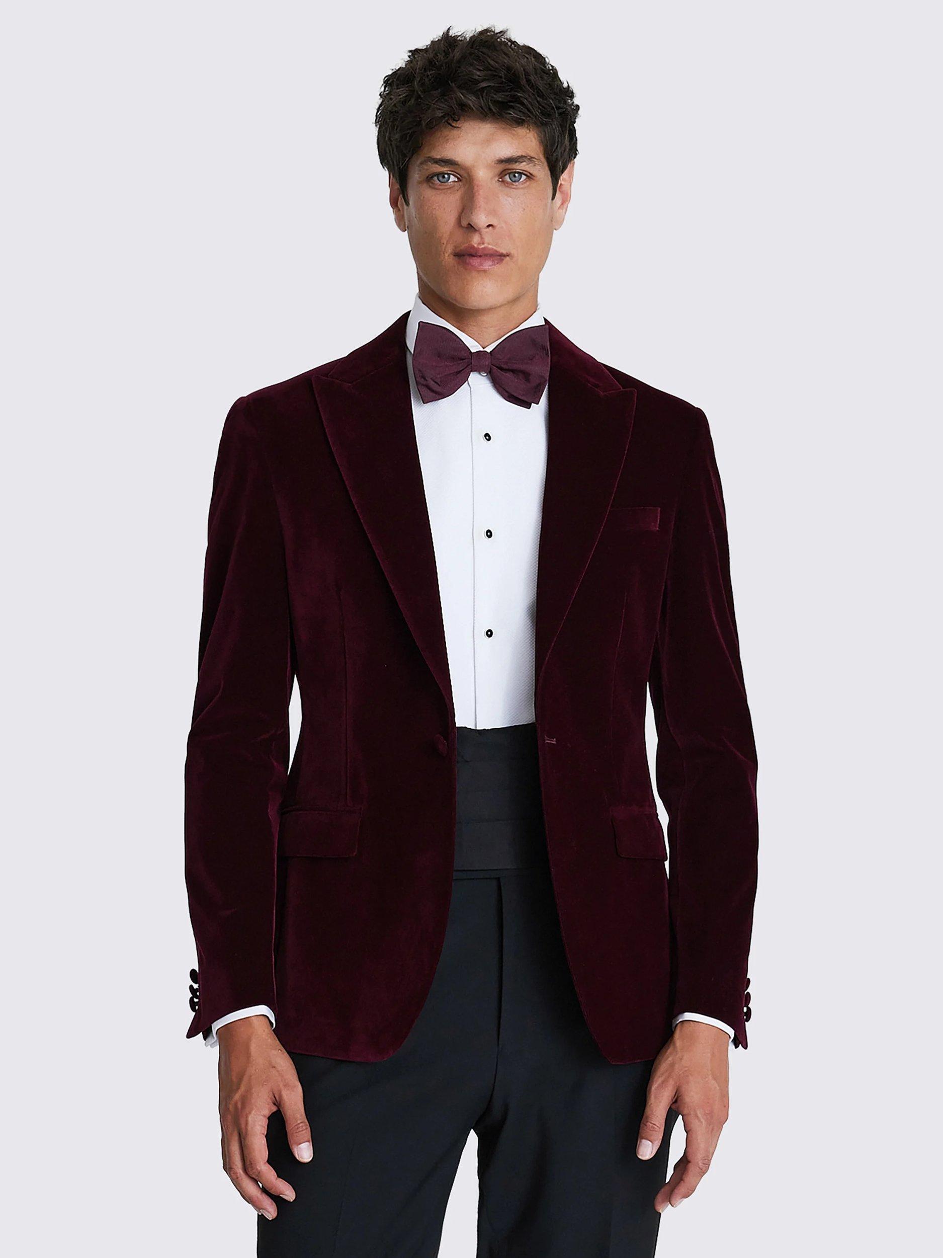 Product image 1 of 5, which shows Moss Slim Fit Velvet Jacket, Burgundy, 36S