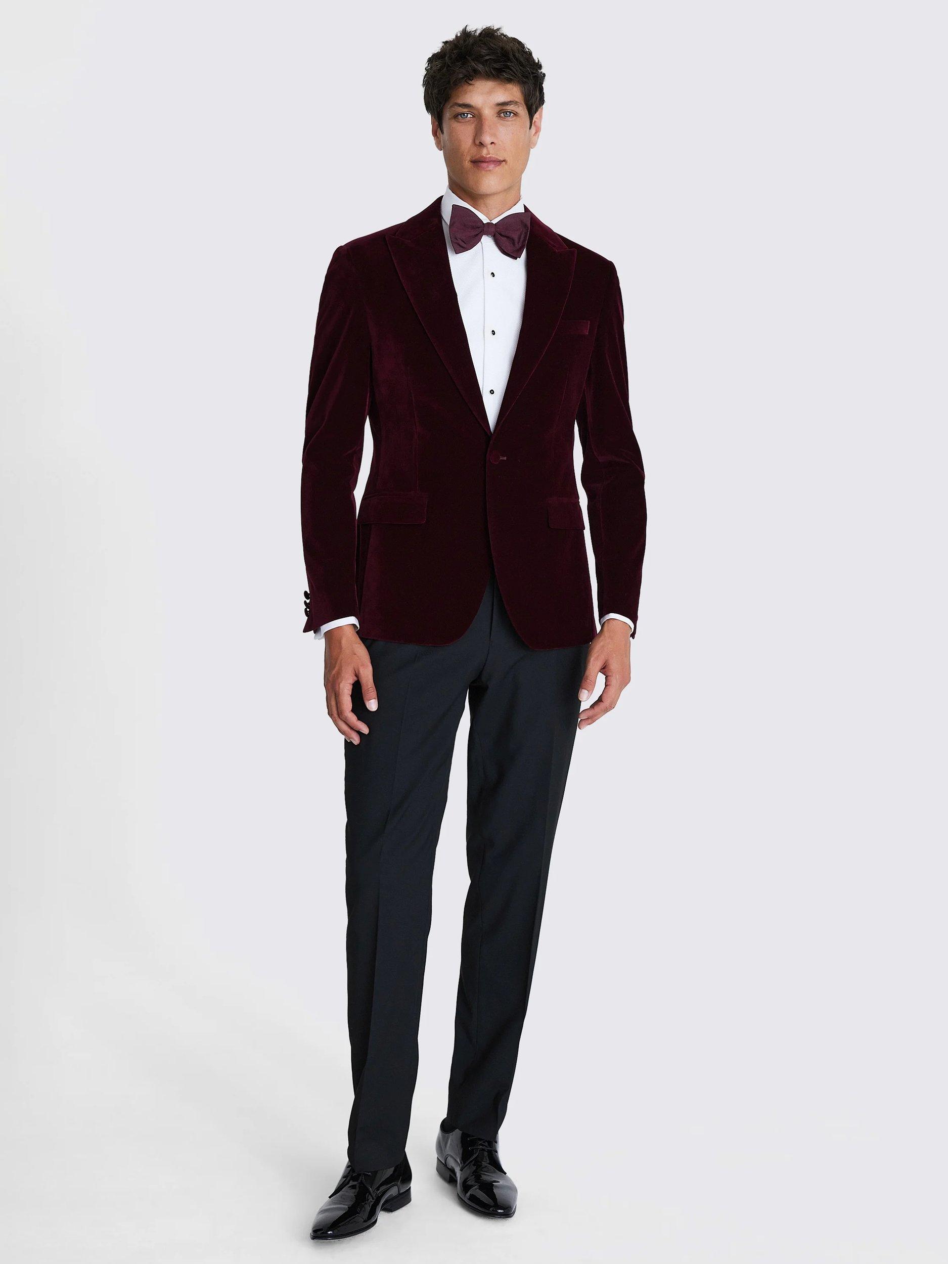 Product image 2 of 5, which shows Moss Slim Fit Velvet Jacket, Burgundy, 36S