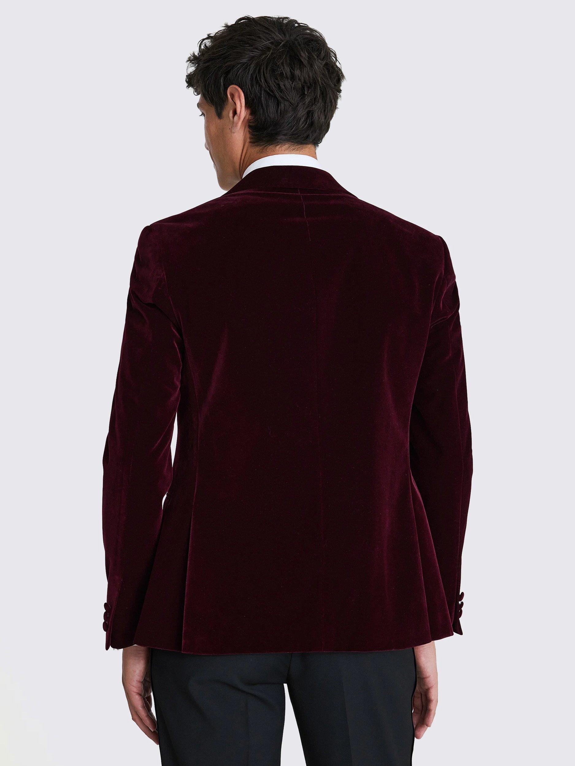 Product image 3 of 5, which shows Moss Slim Fit Velvet Jacket, Burgundy, 36S