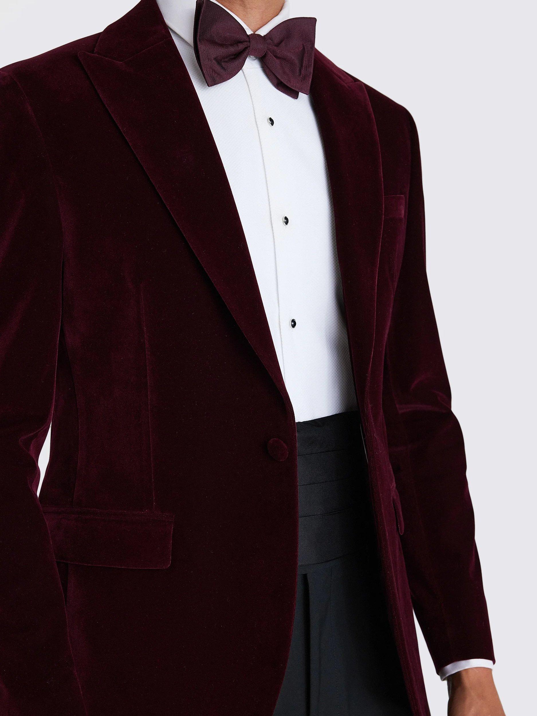 Product image 4 of 5, which shows Moss Slim Fit Velvet Jacket, Burgundy, 36S