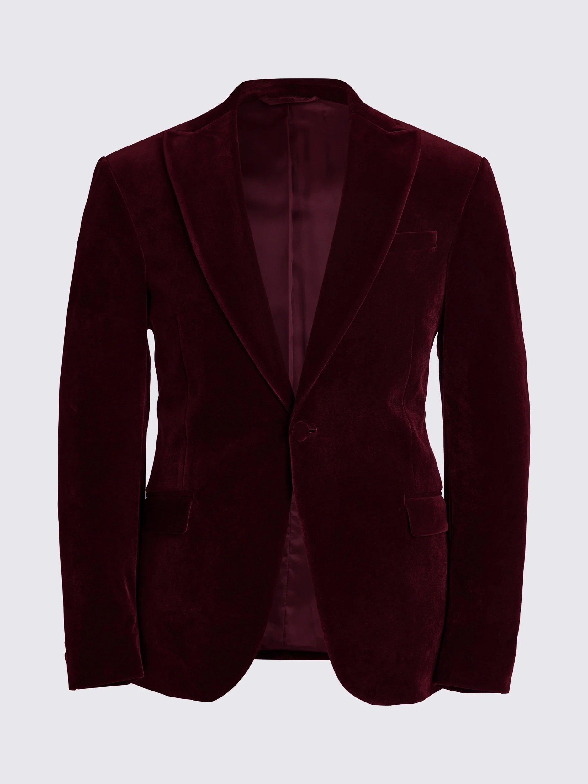 Product image 5 of 5, which shows Moss Slim Fit Velvet Jacket, Burgundy, 36S