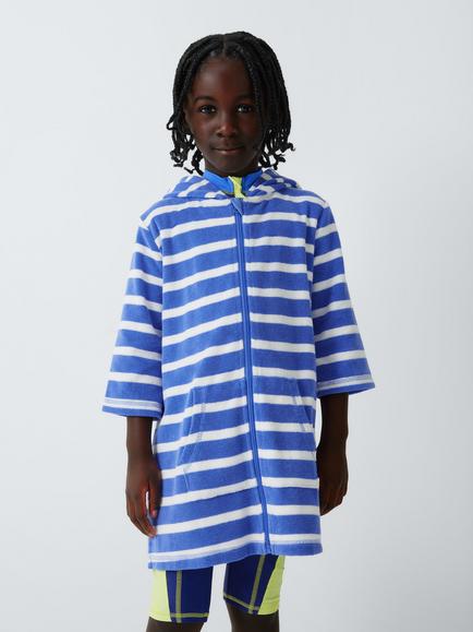 John Lewis Kids' Stripe Zip Through Towelling Poncho, Blue, Blue