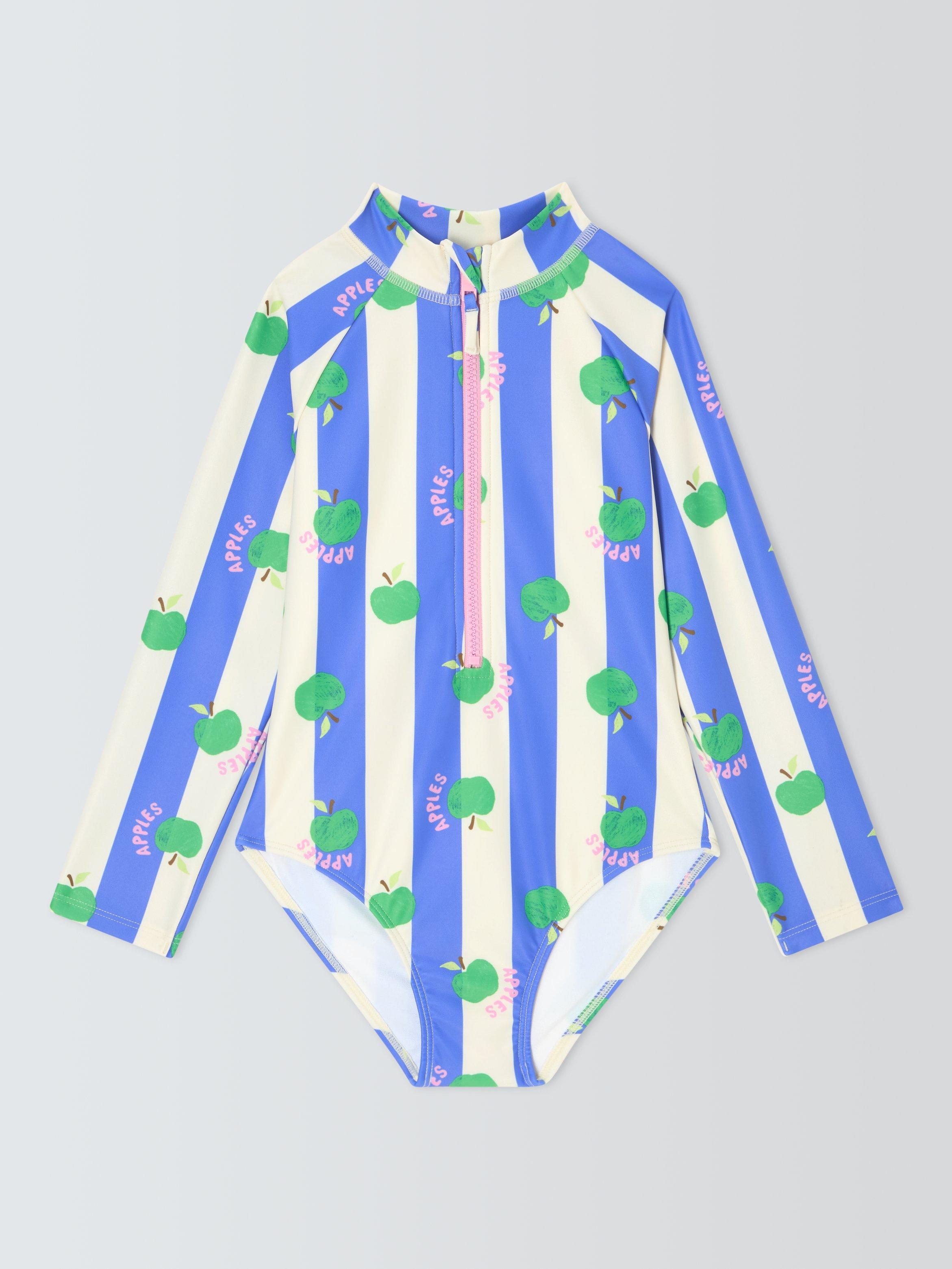 Product image 1 of 3, which shows John Lewis Kids' Apples Long Sleeve Swimsuit, Blue Multi, 3 years