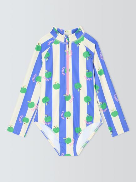 John Lewis Kids' Apples Long Sleeve Swimsuit, Blue Multi, Blue Multi