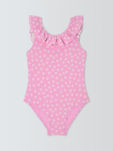 John Lewis Kids' Floral Ruffle Trim Textured Swimsuit, Pink, Pink
