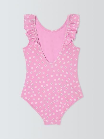 John Lewis Kids' Floral Ruffle Trim Textured Swimsuit, Pink - view 2, Pink