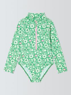 John Lewis Kids' Floral Long Sleeve Swimsuit, Green, Green