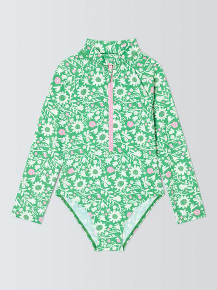 John Lewis Kids' Floral Long Sleeve Swimsuit, Green, Green