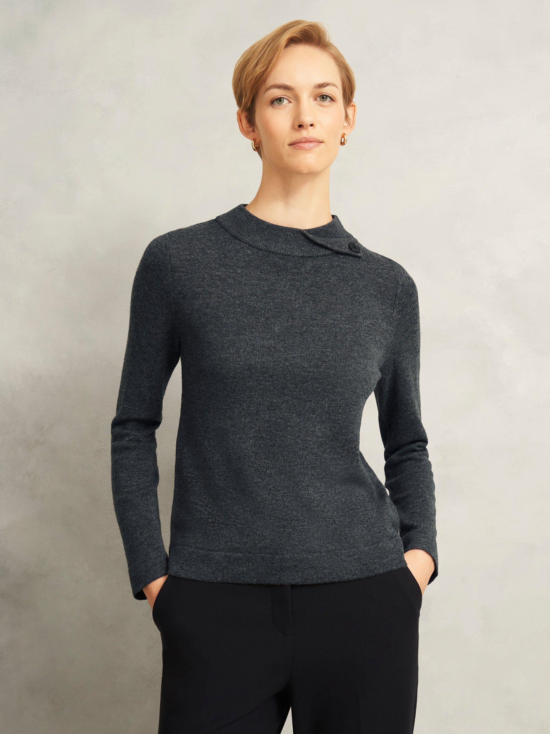 Product image 1 of 5, which shows Hobbs Talia Fold Button Neck Wool Rich Jumper, Grey, M