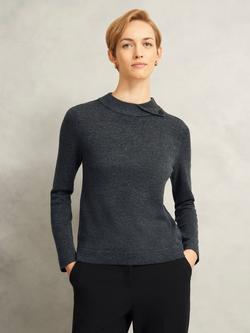 Hobbs Talia Fold Button Neck Wool Rich Jumper, Grey, Grey