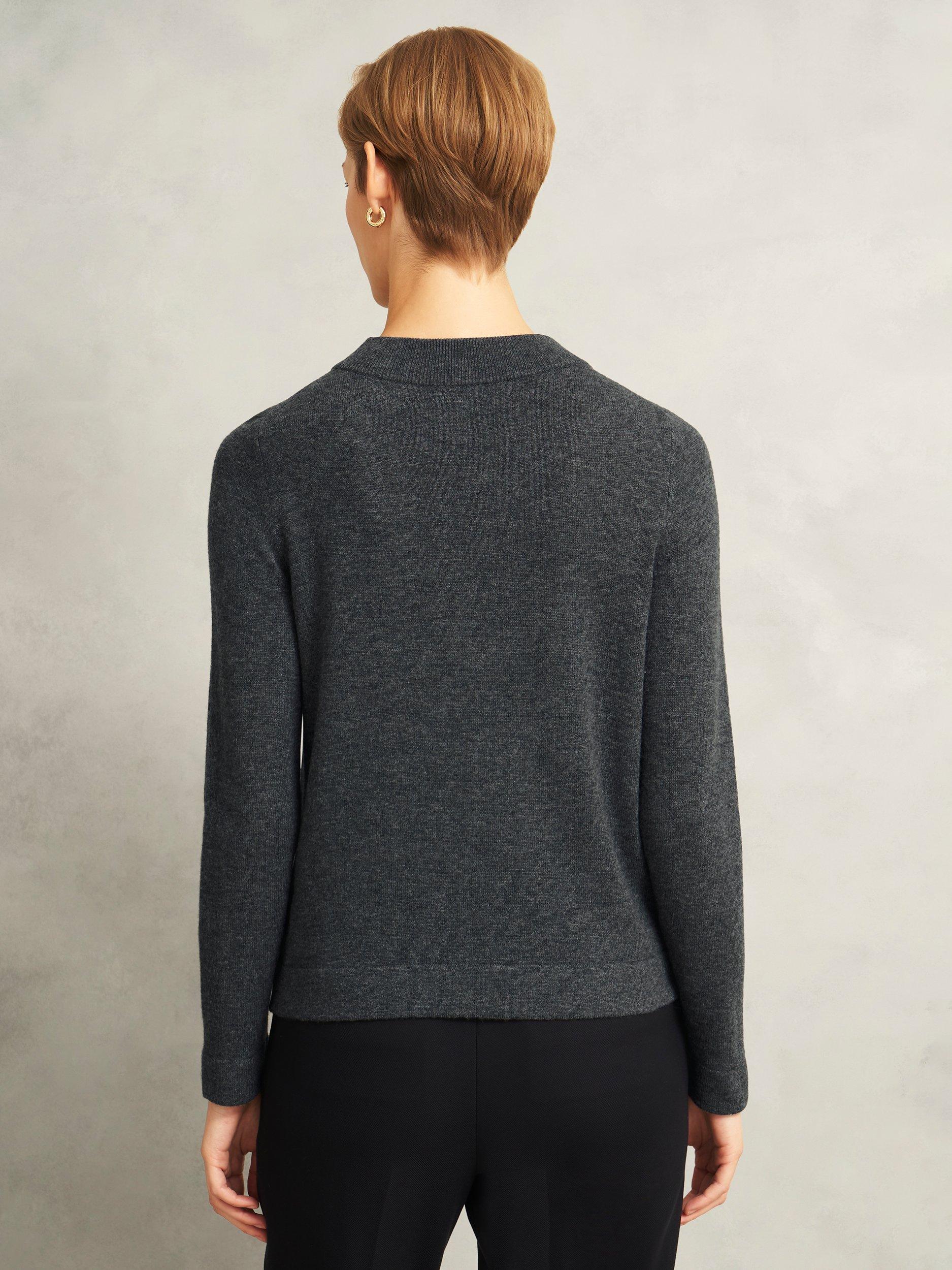 Product image 2 of 5, which shows Hobbs Talia Fold Button Neck Wool Rich Jumper, Grey, M
