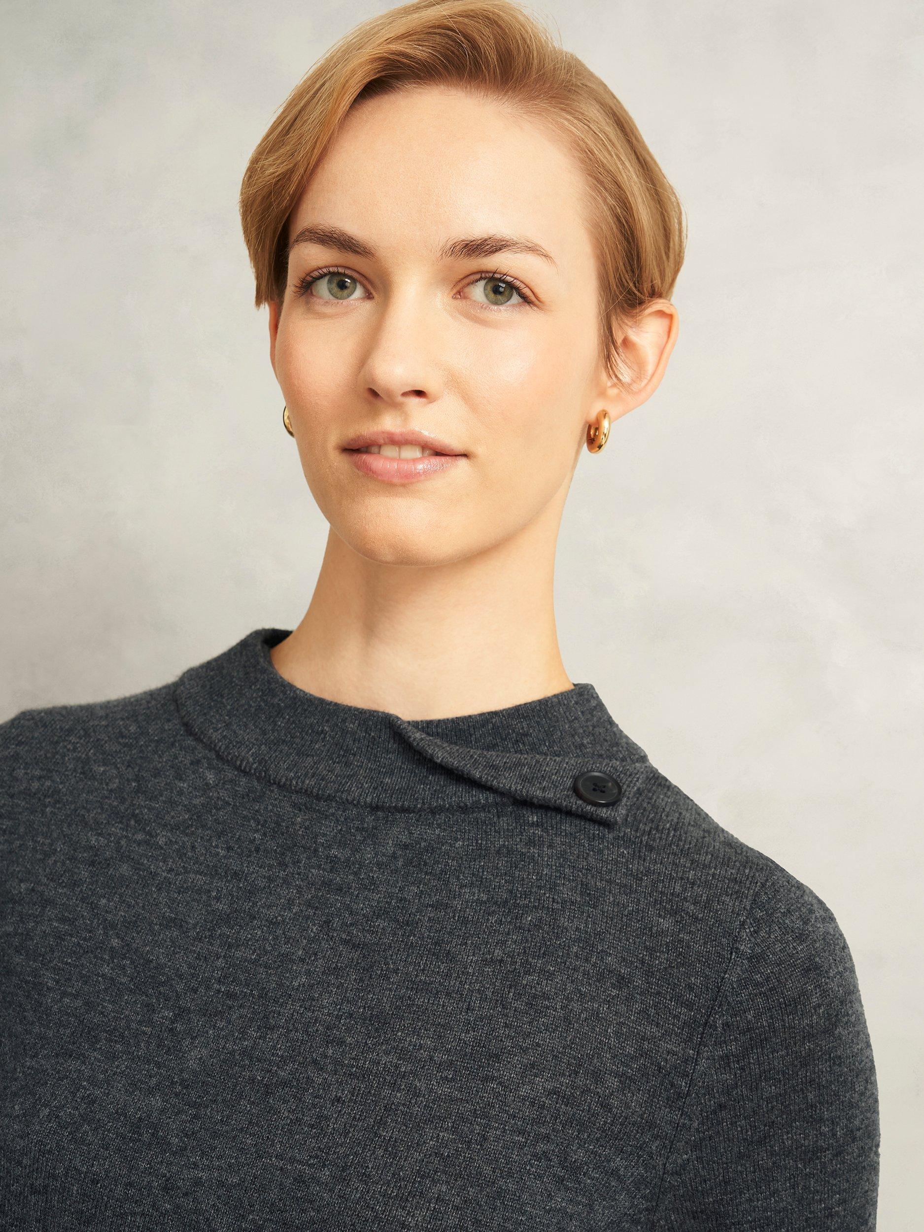 Product image 3 of 5, which shows Hobbs Talia Fold Button Neck Wool Rich Jumper, Grey, M