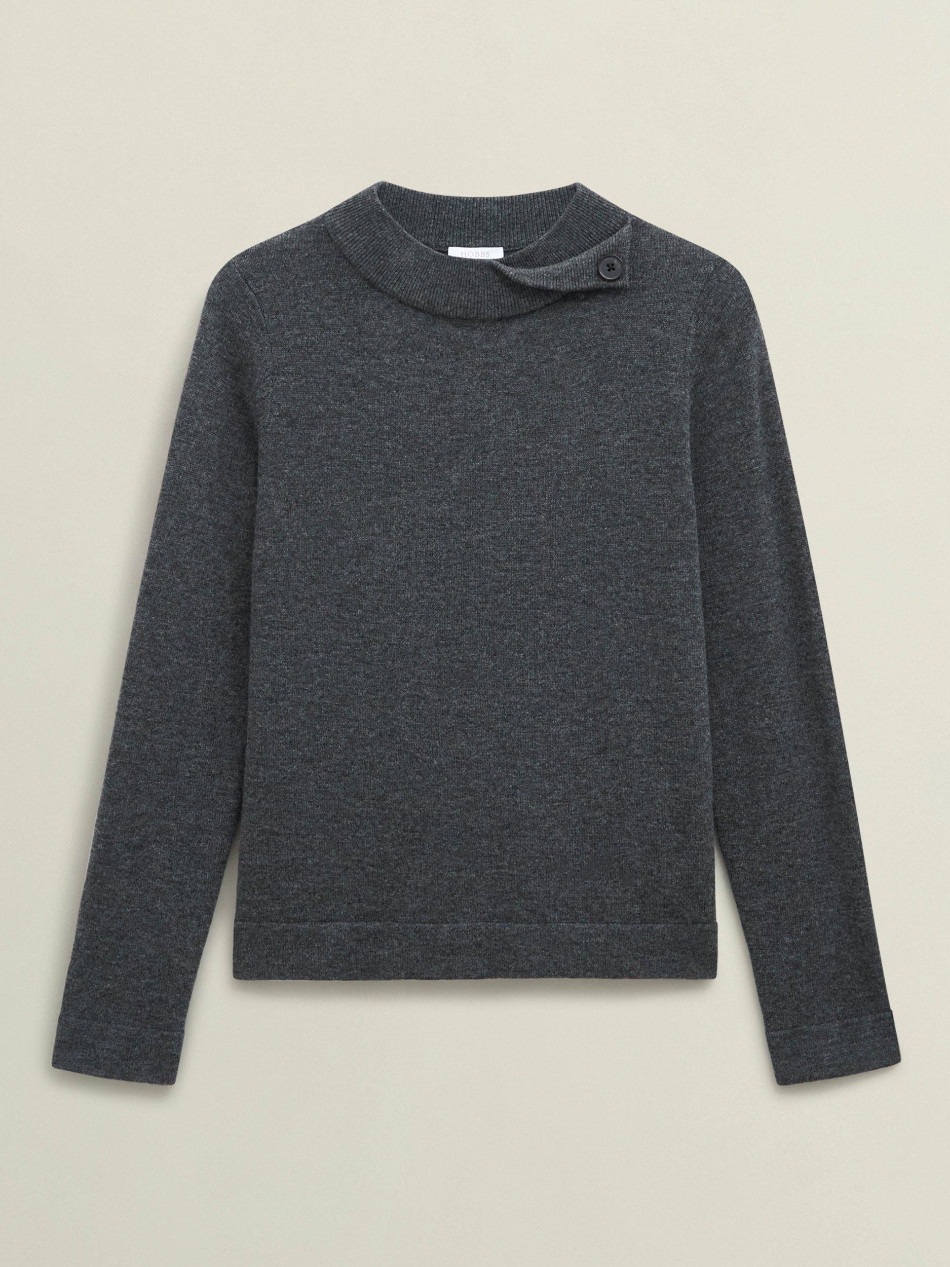Product image 4 of 5, which shows Hobbs Talia Fold Button Neck Wool Rich Jumper, Grey, M