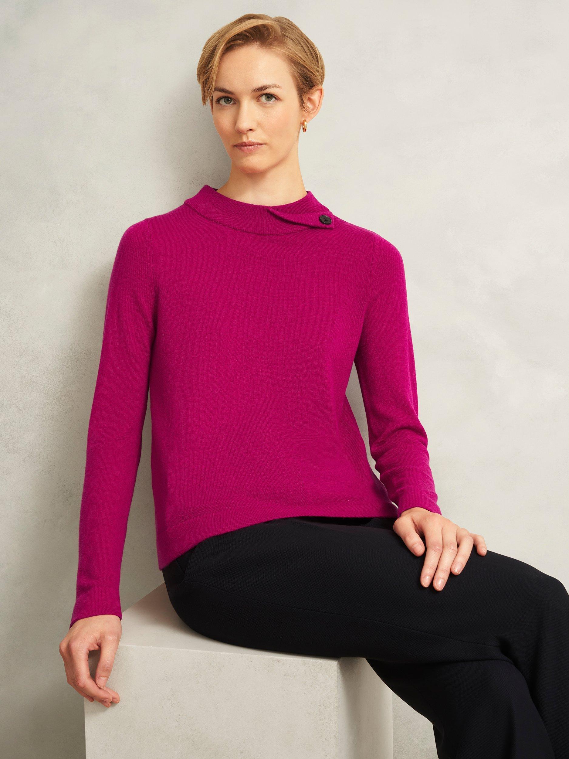Product image 1 of 5, which shows Hobbs Talia Fold Button Neck Wool Rich Jumper, Bright Pink, L