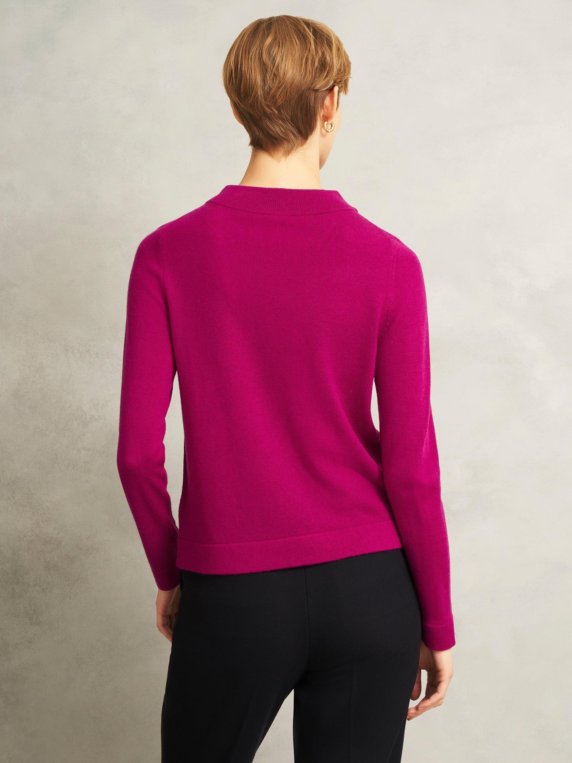 Product image 2 of 5, which shows Hobbs Talia Fold Button Neck Wool Rich Jumper, Bright Pink, L