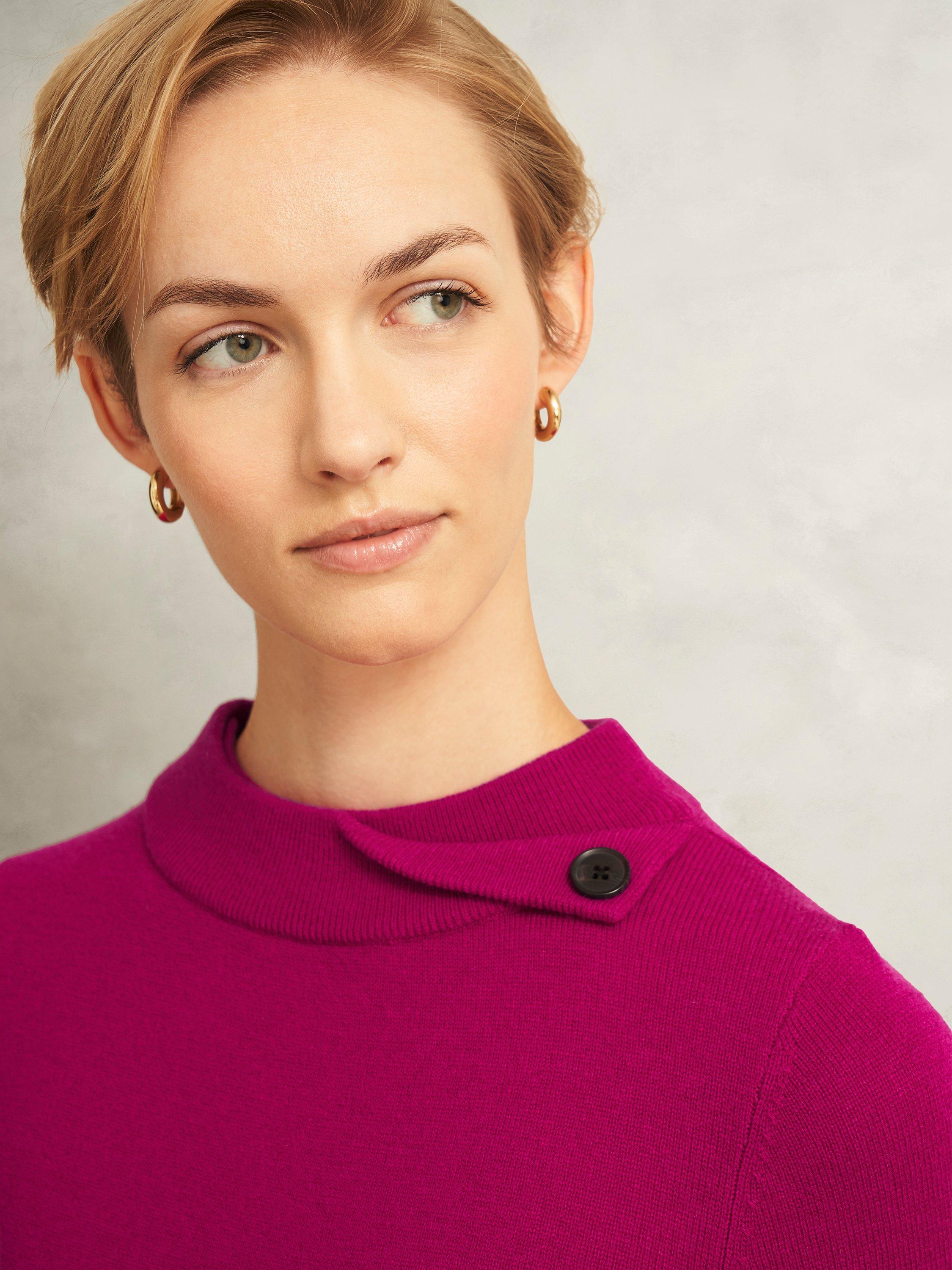 Product image 3 of 5, which shows Hobbs Talia Fold Button Neck Wool Rich Jumper, Bright Pink, L