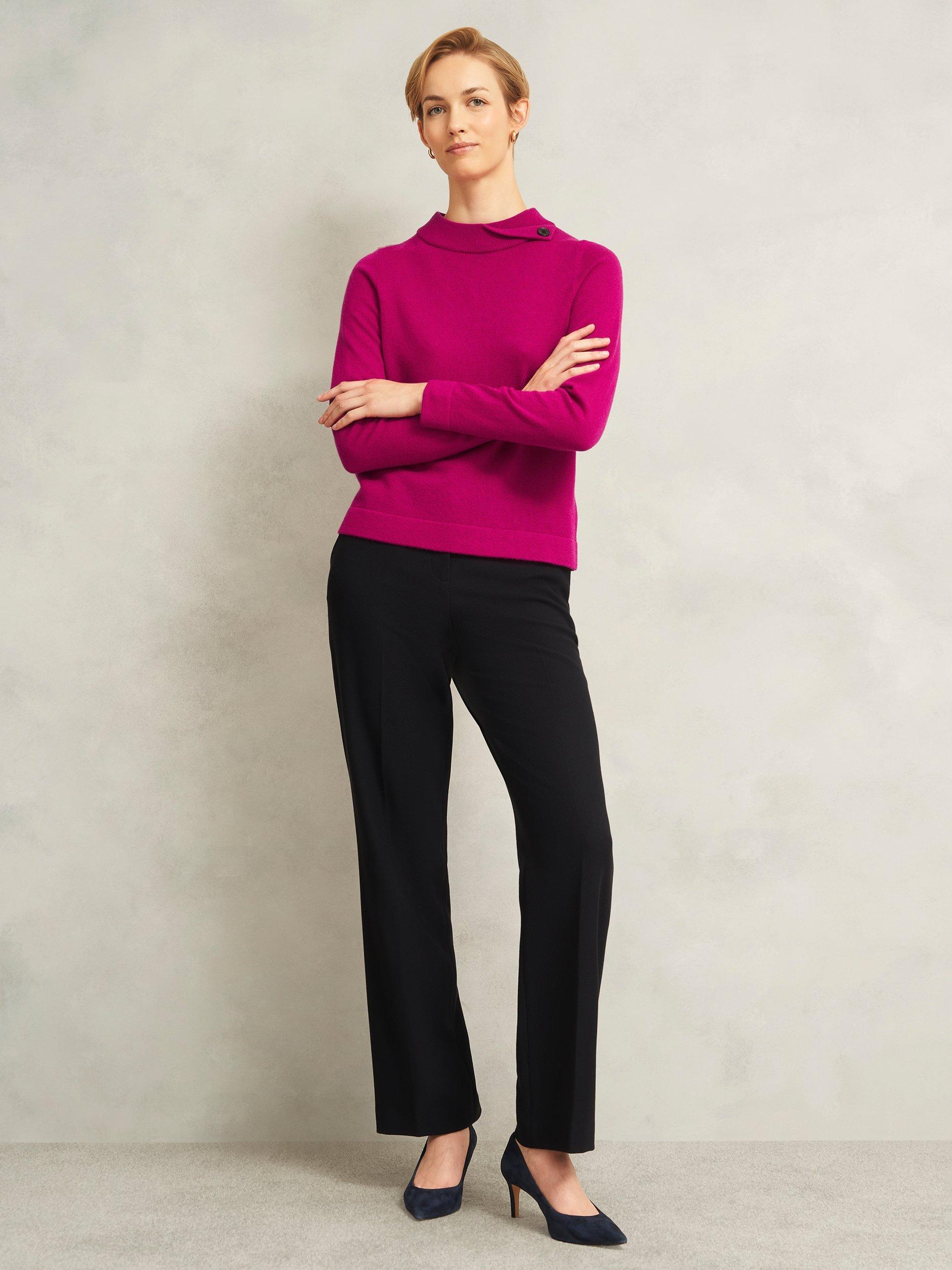Product image 5 of 5, which shows Hobbs Talia Fold Button Neck Wool Rich Jumper, Bright Pink, L