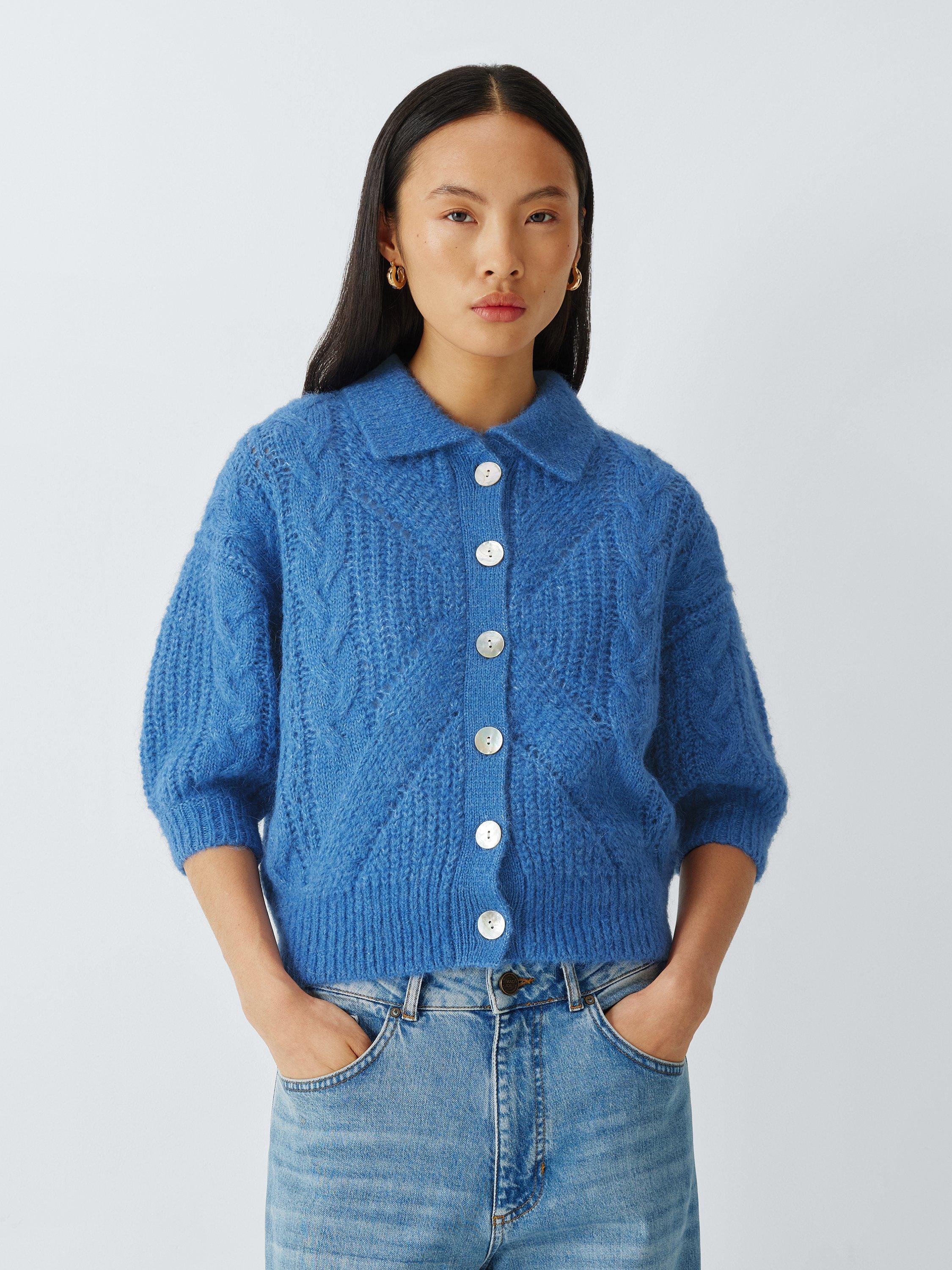 Product image 1 of 6, which shows AND/OR Bonnie Wool Rich Cardigan, Cornflower Blue, XS