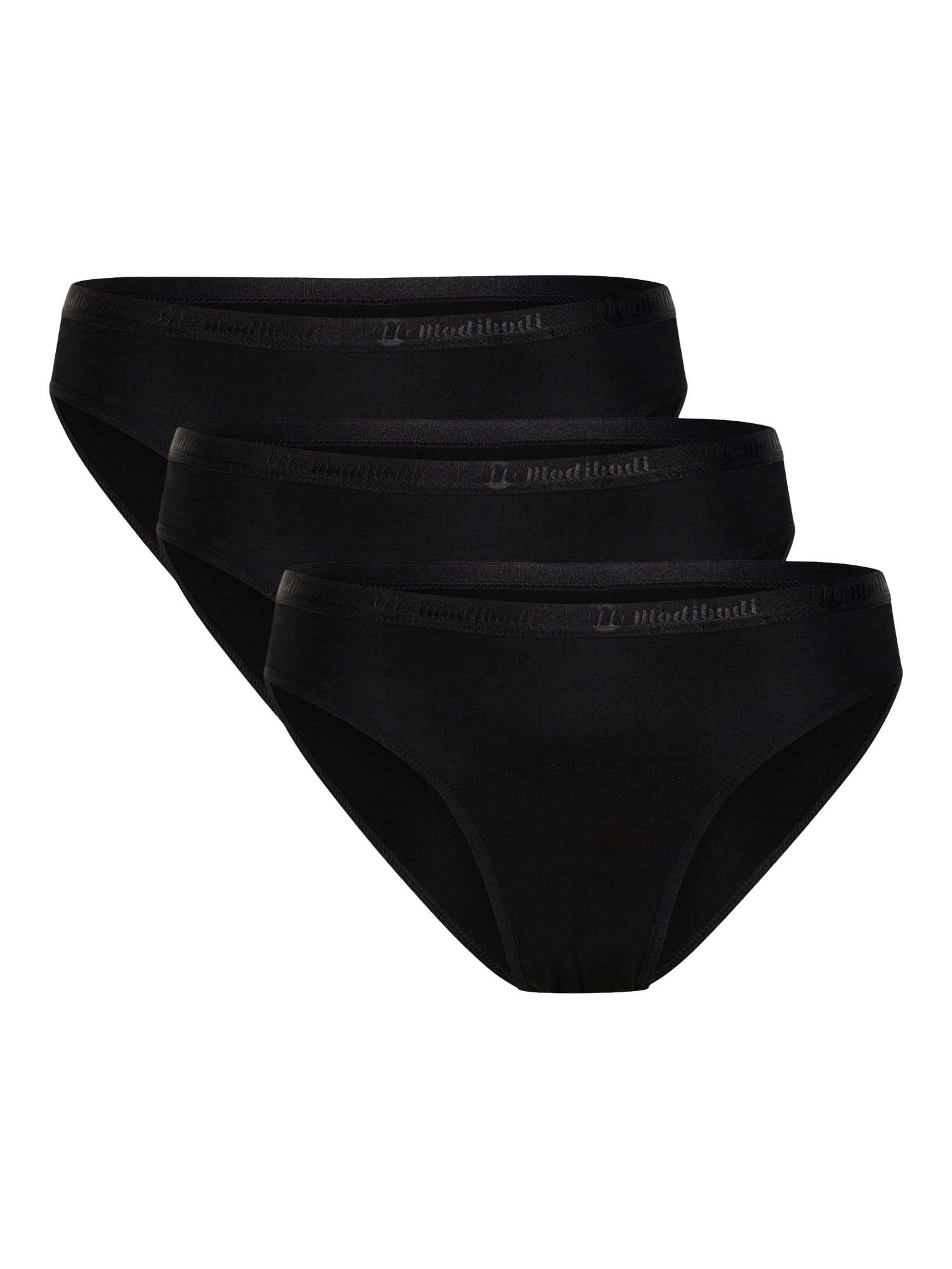 Product image 1 of 6, which shows Modibodi Classic Period Bikini Knickers, Light Absorbency, Black, XS