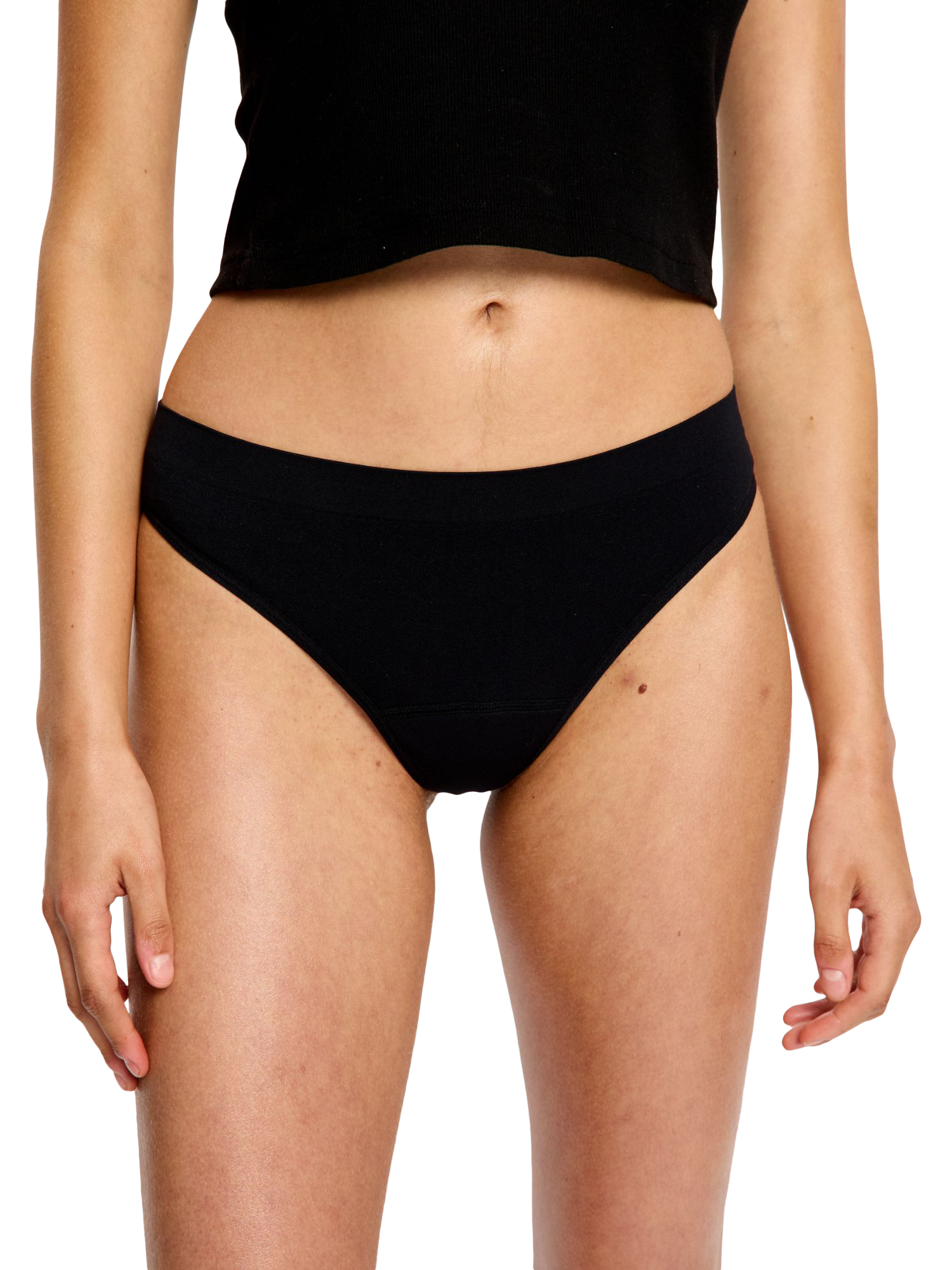 Product image 5 of 7, which shows Modibodi Soft Stretch Seamless Period Thong, Light Absorbency, Pack of 2, Black, 8-10