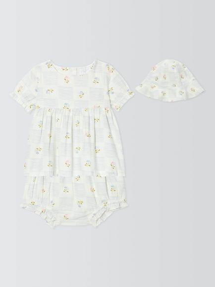 John Lewis Baby Check Woven Dress, Bloomers & Hat Set, Blue Multi, Blue Multi