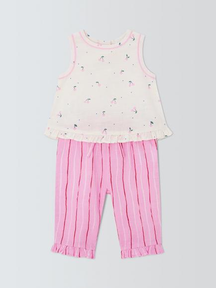 John Lewis Baby Cherry Sleeveless Top & Trousers Set, Pink, Pink