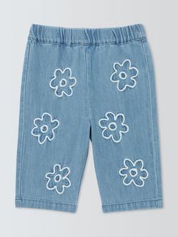 John Lewis Baby Floral Appliqué Denim Trousers, Blue, Blue