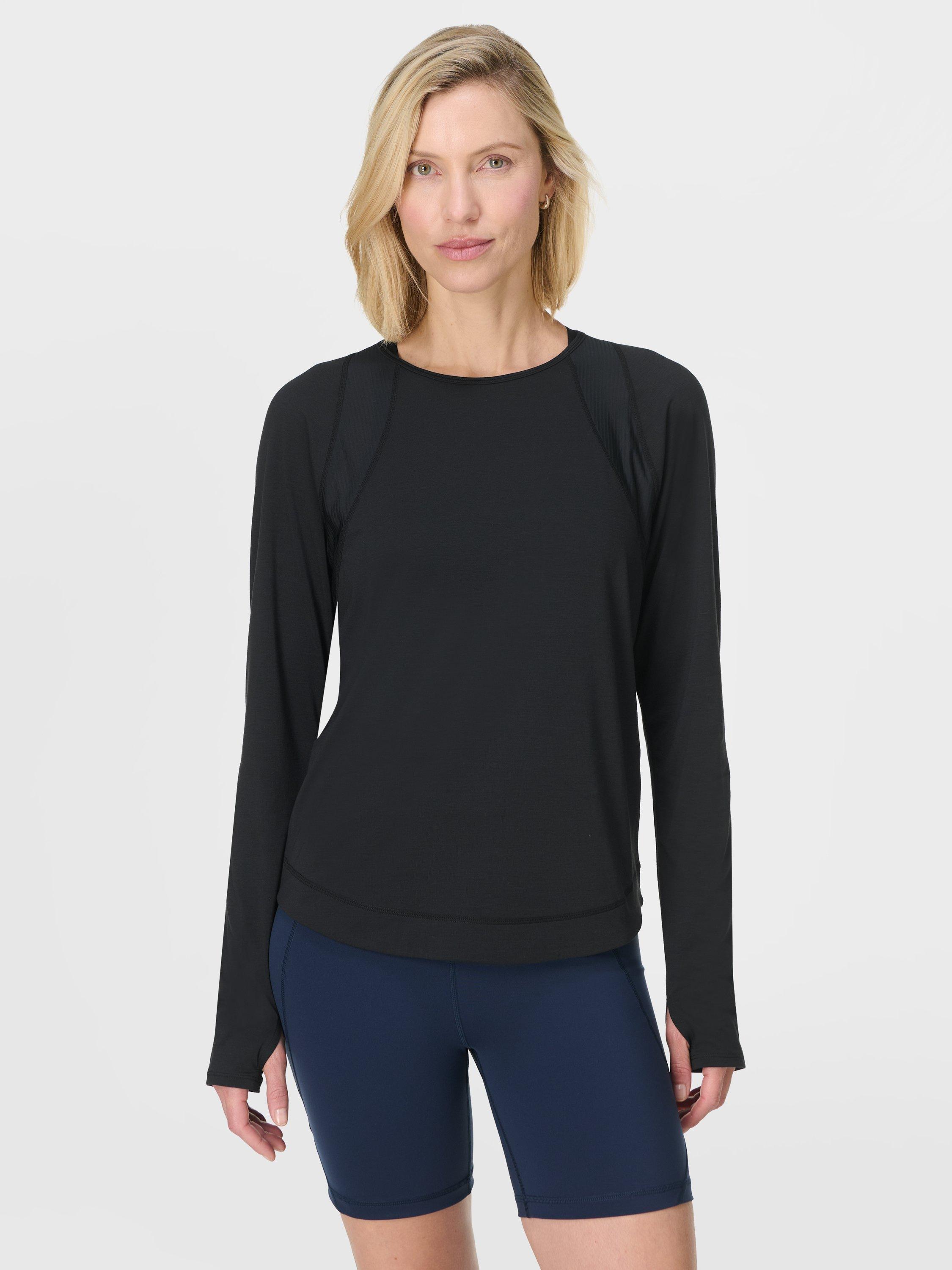 Product image 1 of 7, which shows Sweaty Betty Breathe Easy Long Sleeve Top, Black, XXS