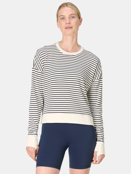 Sweaty Betty After Class Stripe Crop Sweatshirt, Lily White, Lily White
