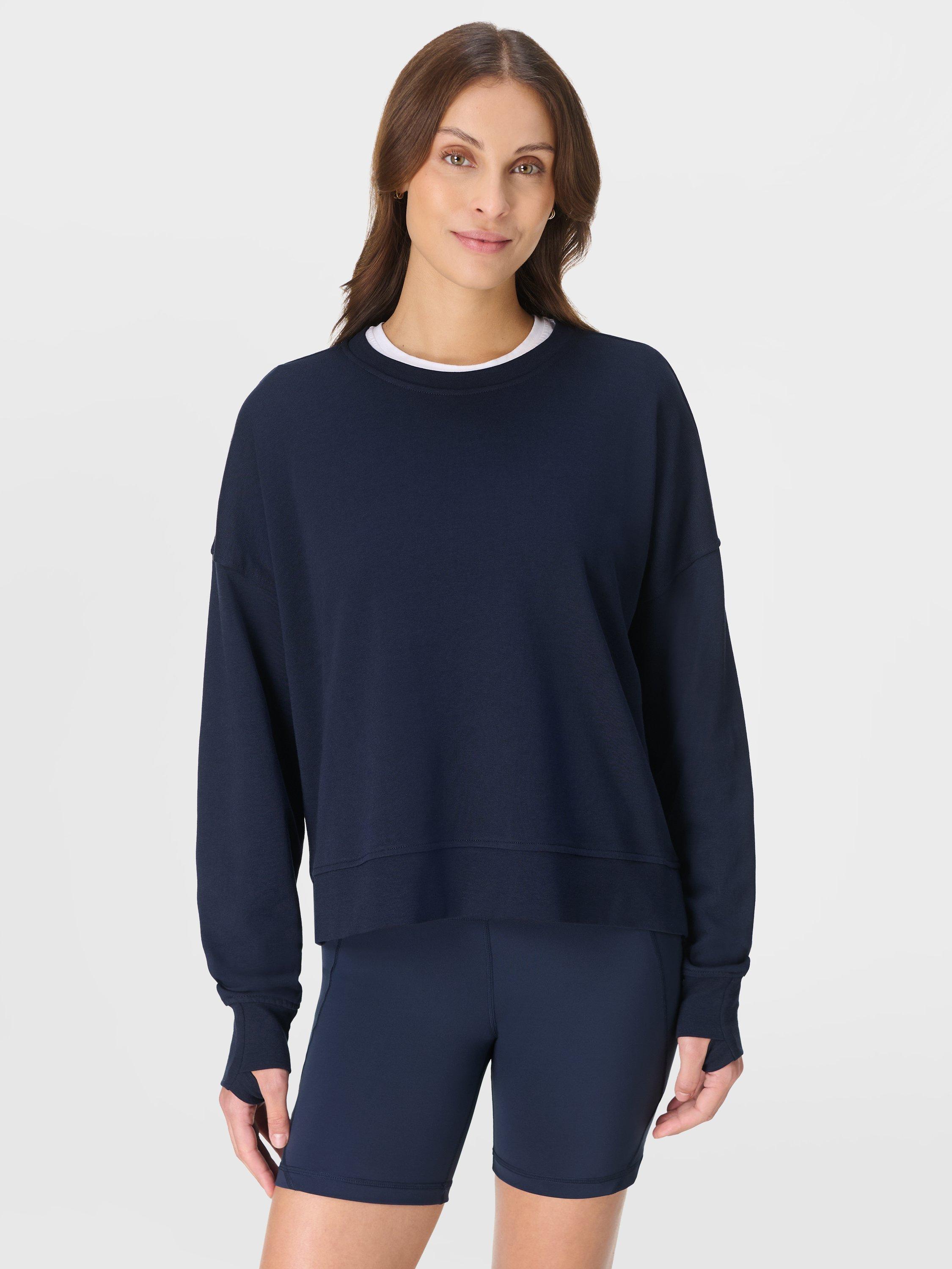 Product image 1 of 8, which shows Sweaty Betty After Class Crop Sweatshirt, Navy Blue, XXS