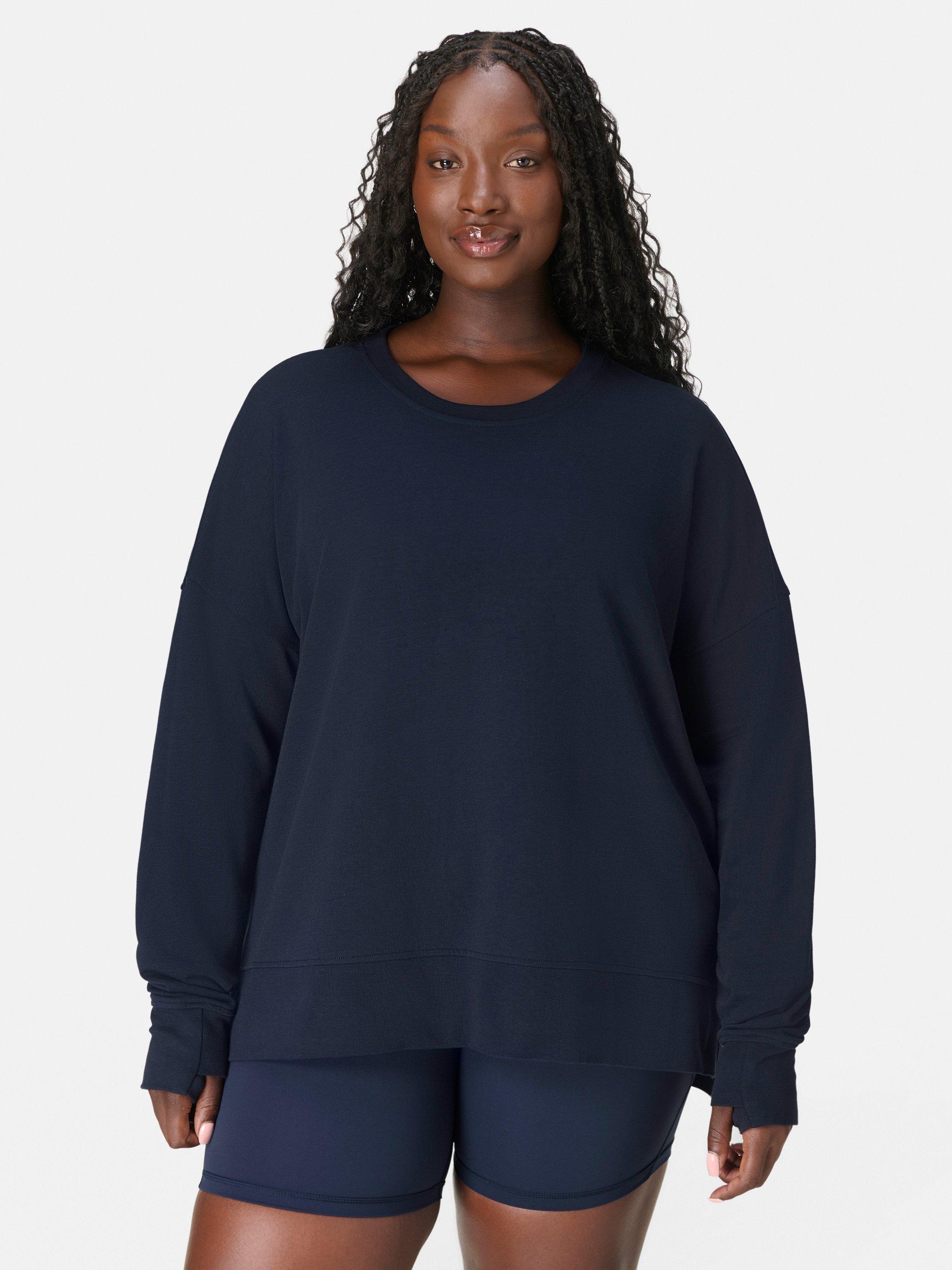 Product image 1 of 7, which shows Sweaty Betty After Class Longline Sweatshirt, Navy Blue, XXS