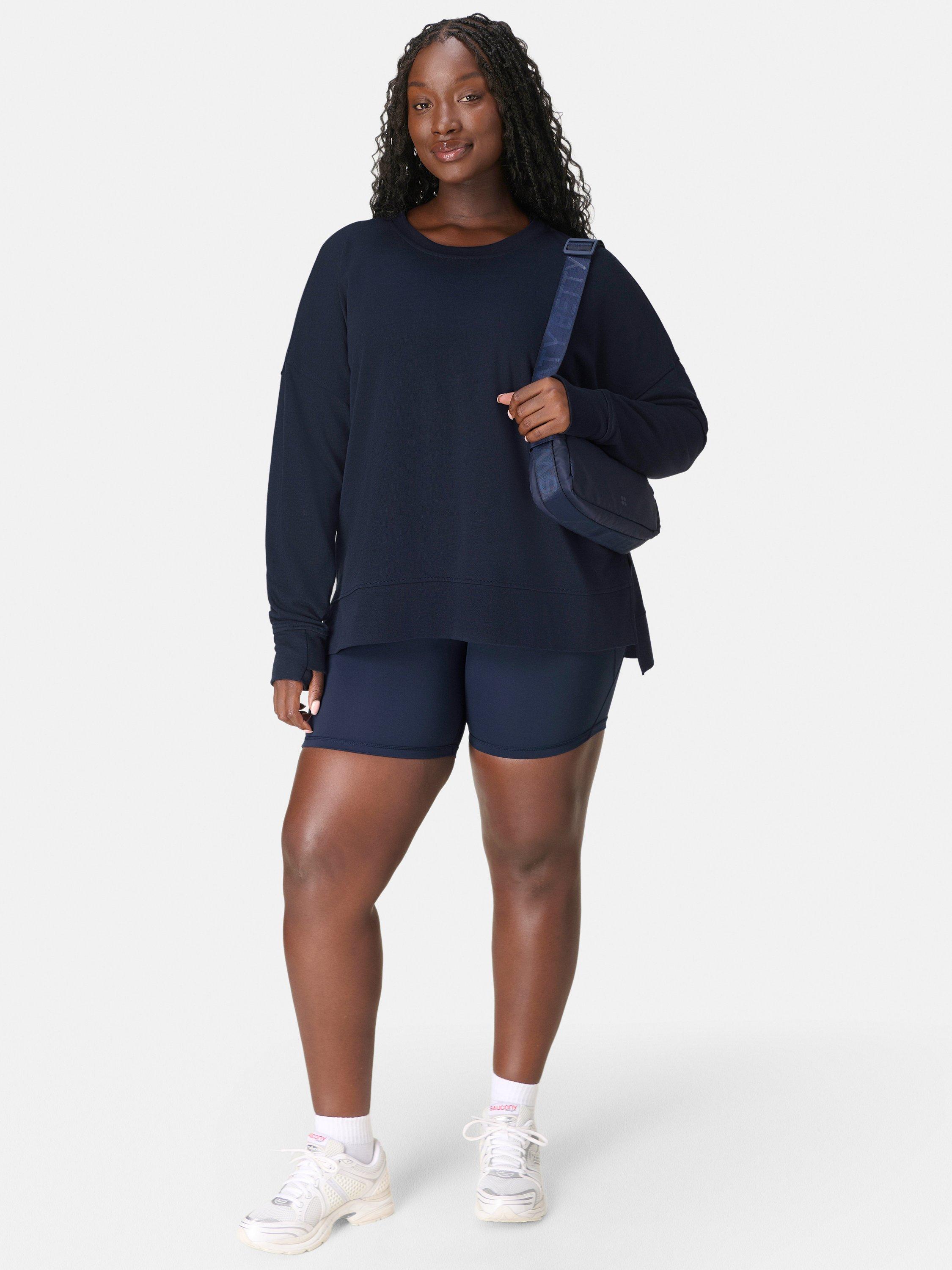 Product image 2 of 7, which shows Sweaty Betty After Class Longline Sweatshirt, Navy Blue, XXS