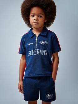 Reiss Kids' Cotton Blend Short Sleeved Zip Jumper, Blue/Red, Blue/Red