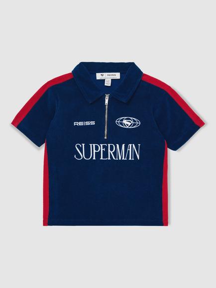 Reiss Kids' Cotton Blend Short Sleeved Zip Jumper, Blue/Red - view 2, Blue/Red