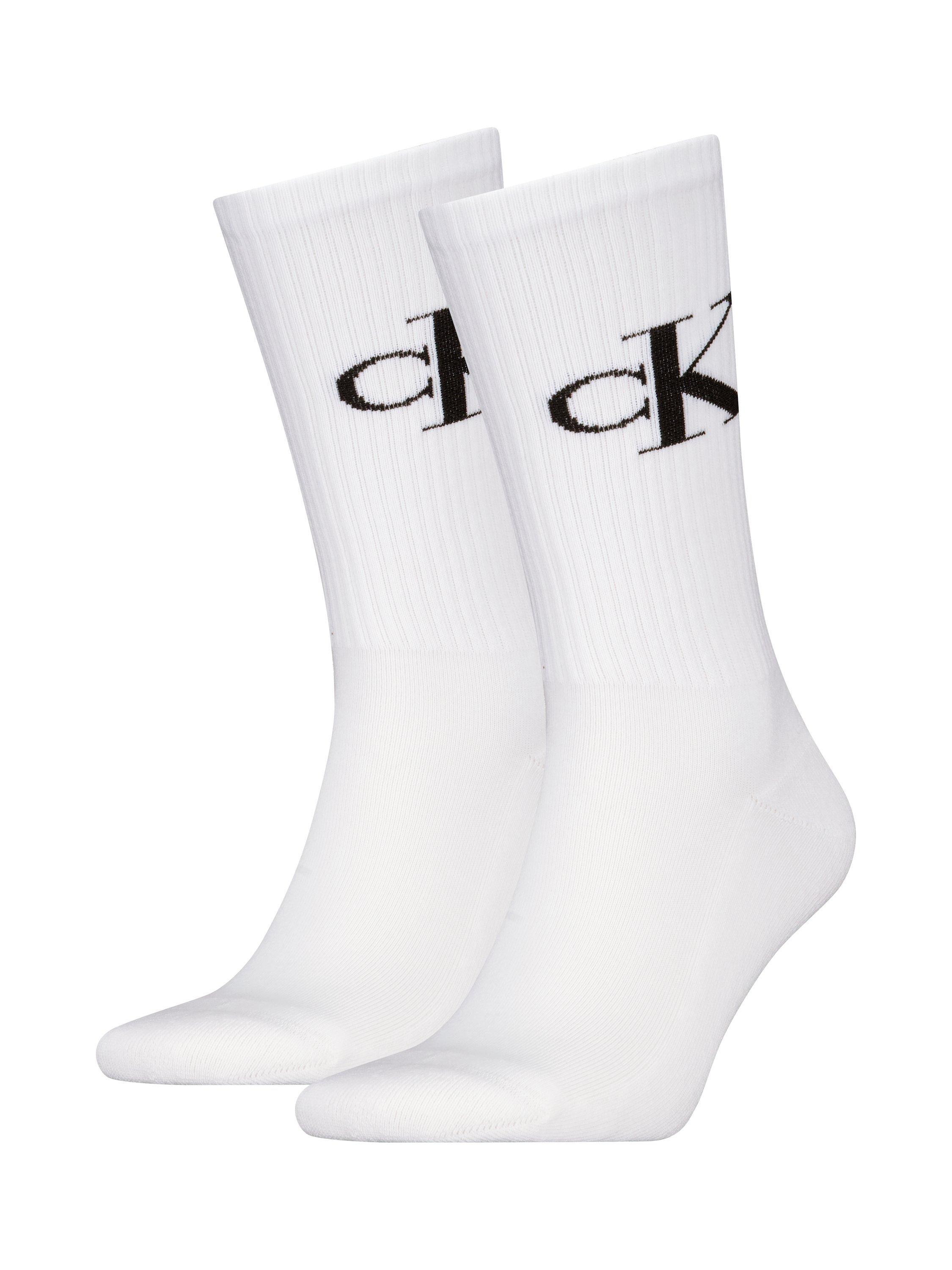 Product image 1 of 3, which shows Calvin Klein Monogram Crew Socks, Pack of 2, White, S-M