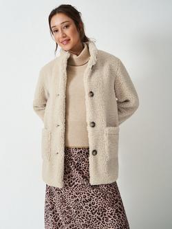 Crew Clothing High Neck Borg Coat, Beige, Beige