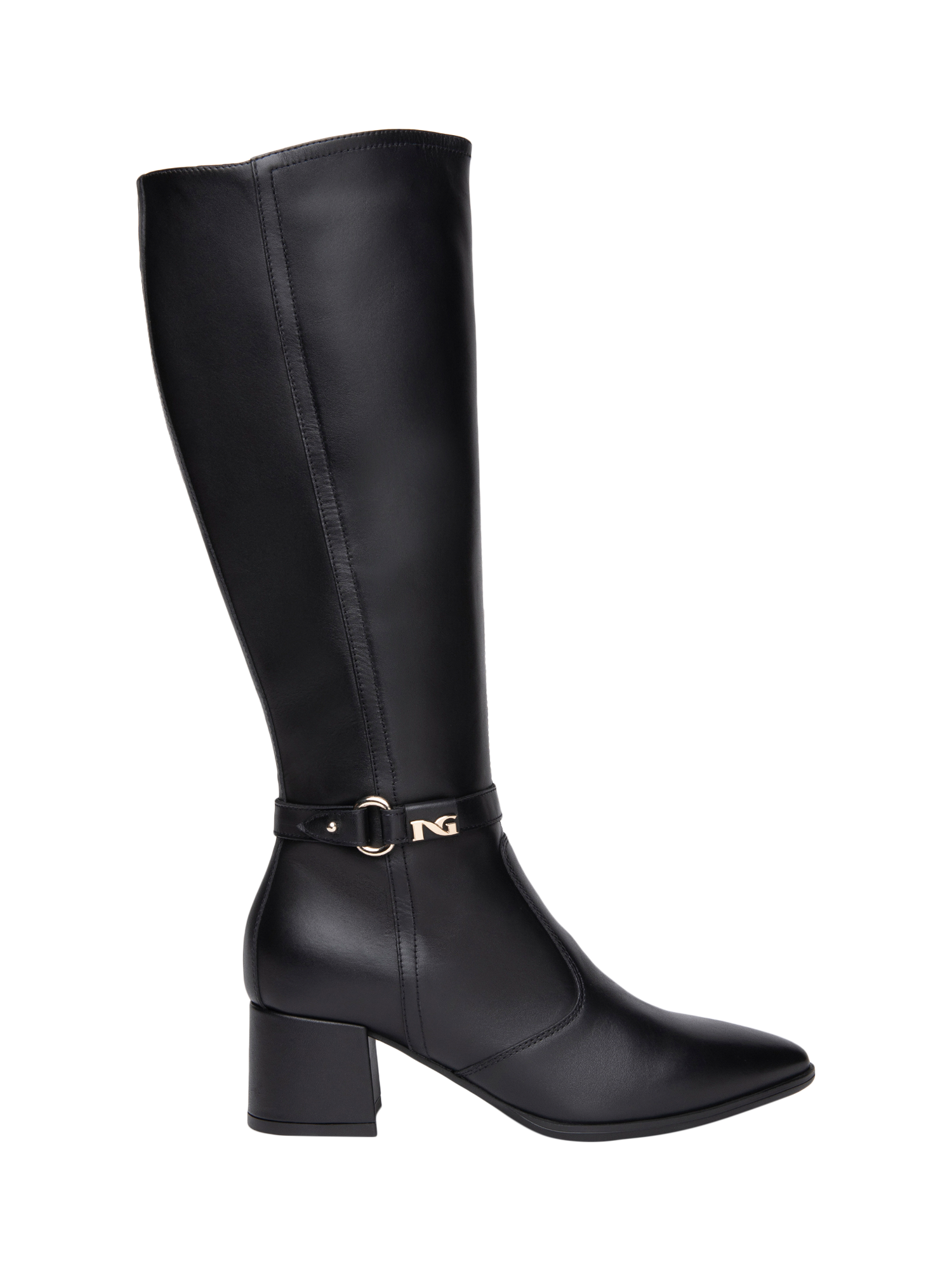 Product image 1 of 4, which shows NeroGiardini Cosenza Antique Strap Leather Knee High Boots, Black, 3