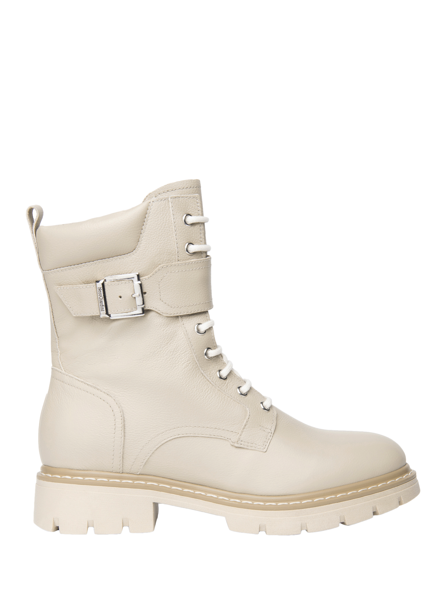 Product image 1 of 4, which shows NeroGiardini Ofena Leather Biker Boots, Cream, 5