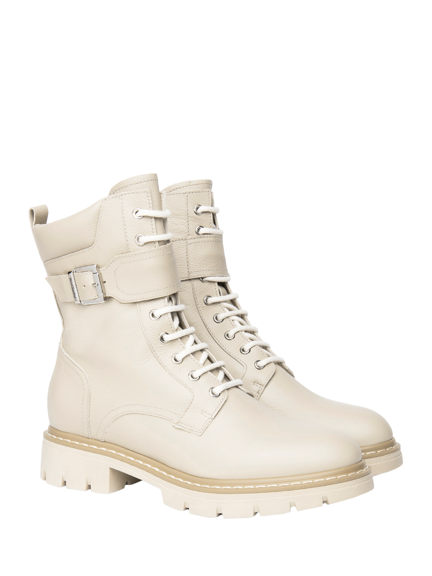 Product image 2 of 4, which shows NeroGiardini Ofena Leather Biker Boots, Cream, 5