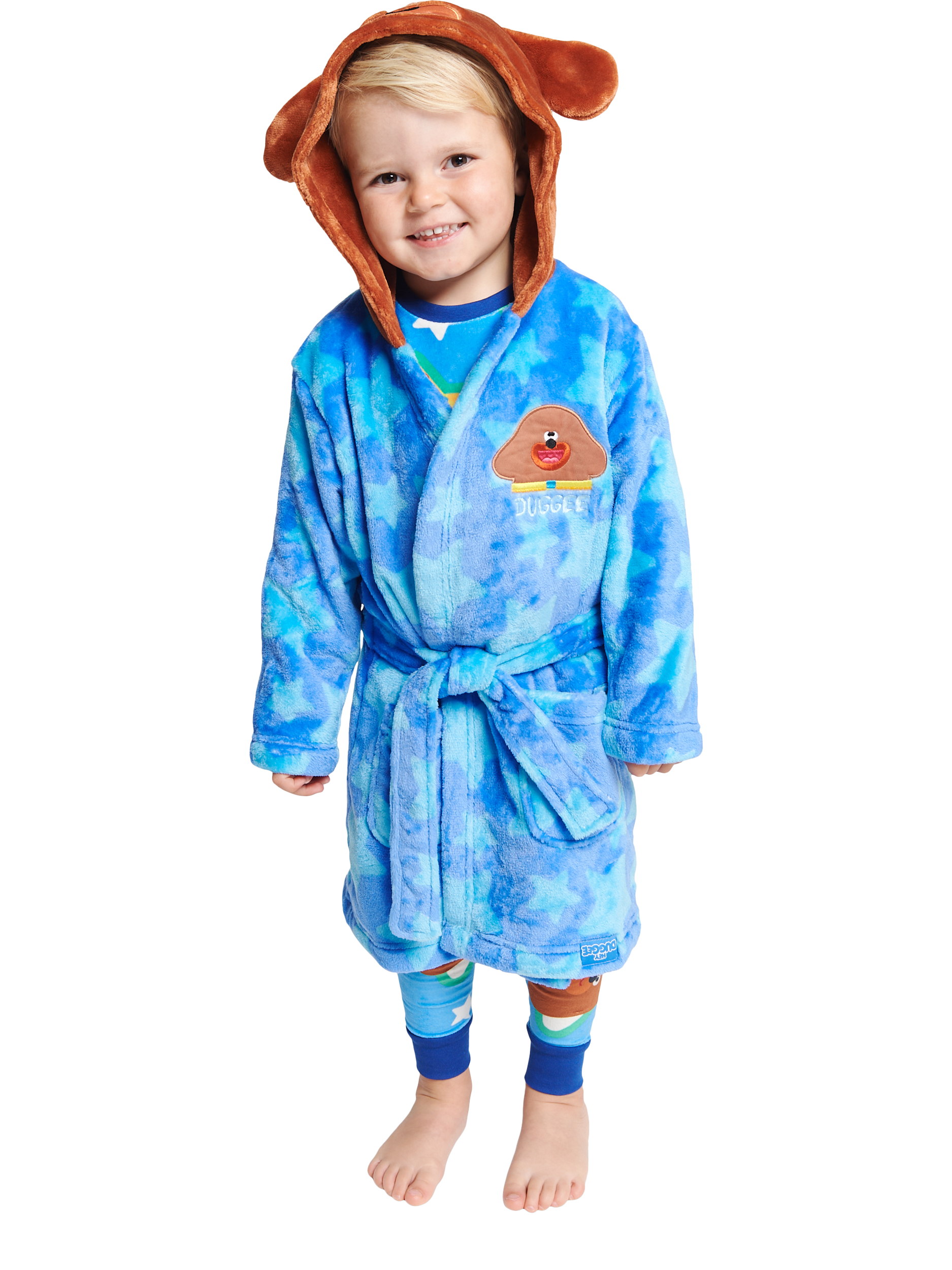 Product image 1 of 3, which shows Brand Threads Kids' Hey Duggee Hooded Robe, Blue/Multi, 1-2 years