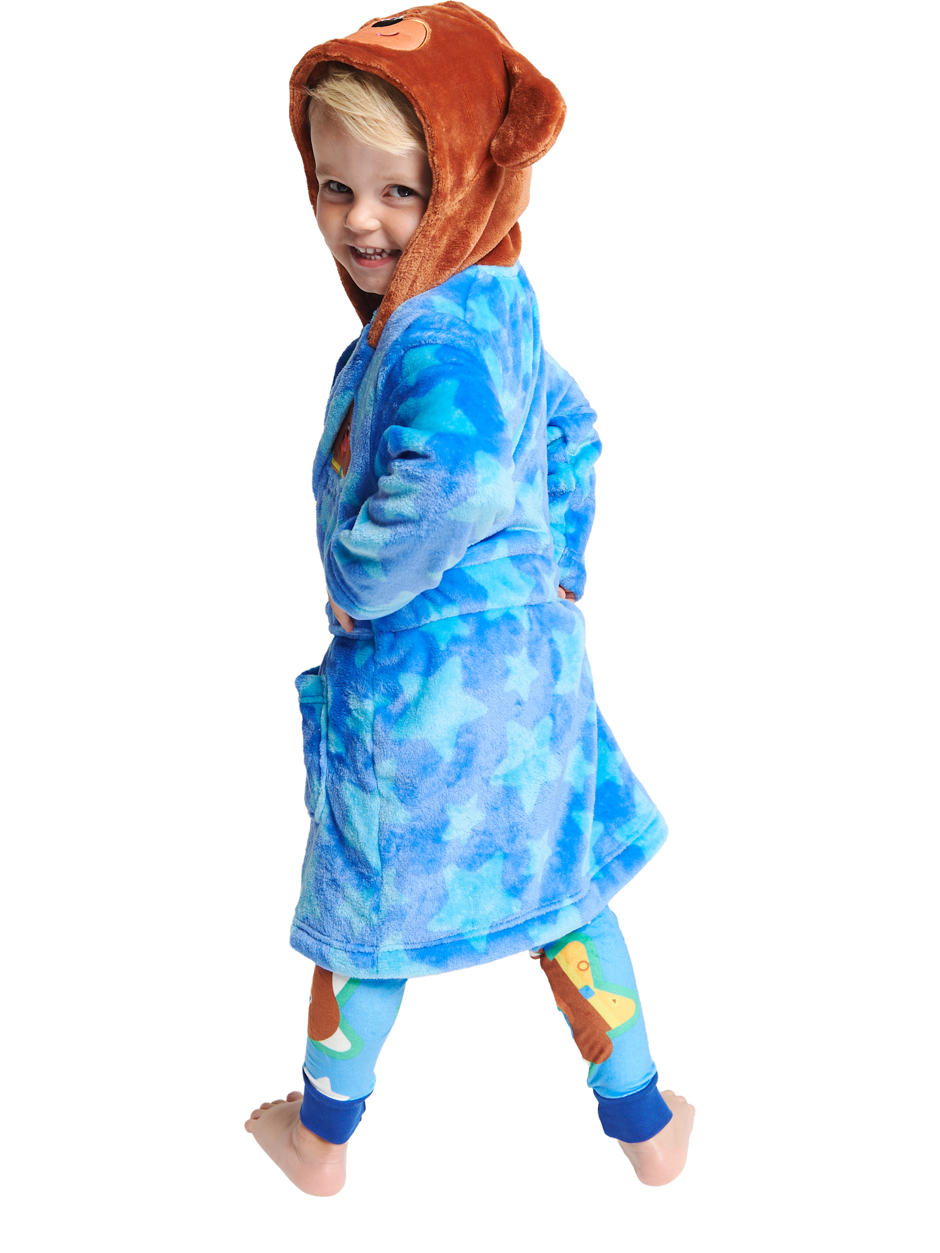 Product image 2 of 3, which shows Brand Threads Kids' Hey Duggee Hooded Robe, Blue/Multi, 1-2 years