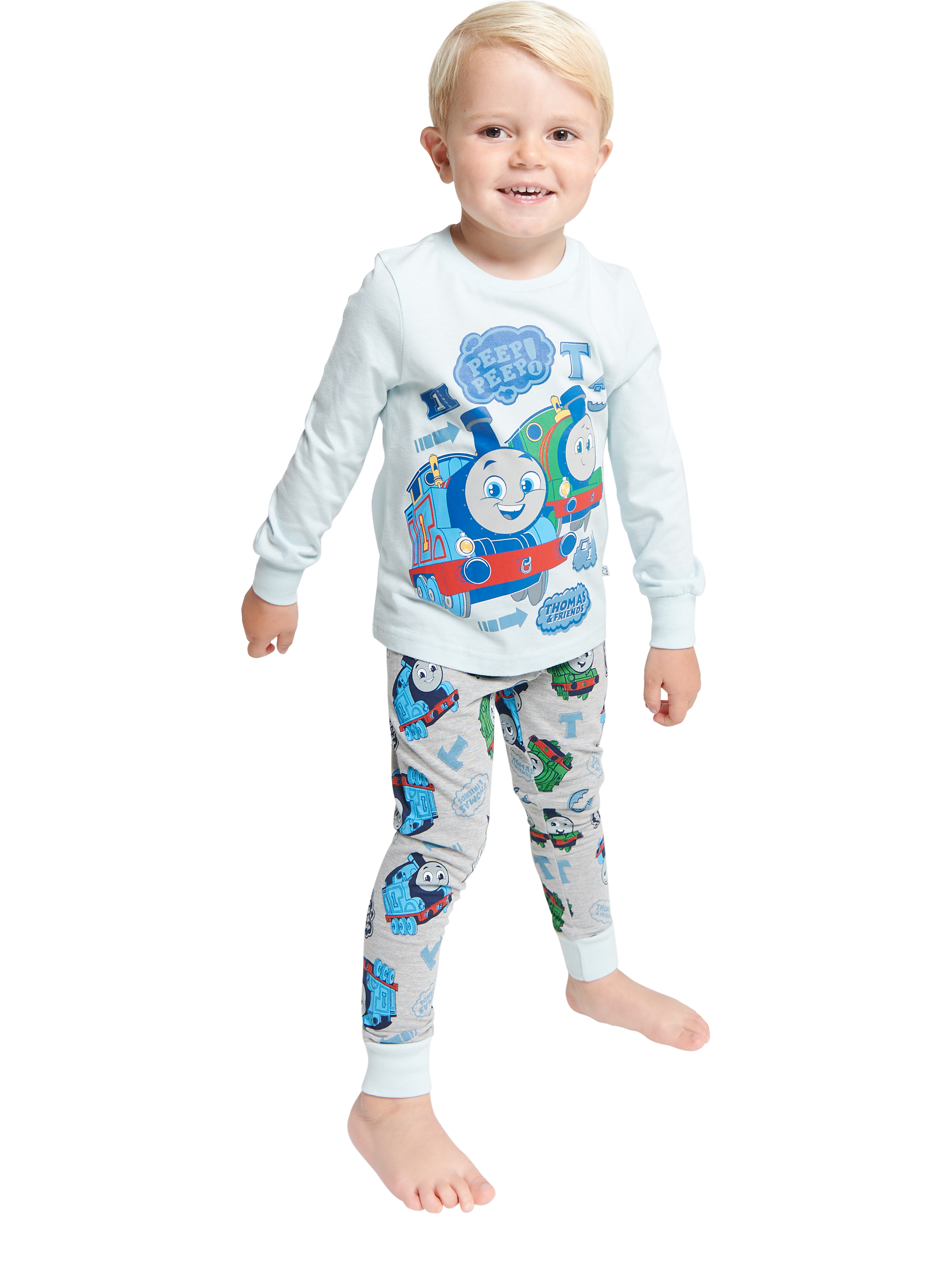 Product image 1 of 4, which shows Brand Threads Kids' Thomas The Tank Engine Pyjama Set, Grey/Multi, 1-2 years