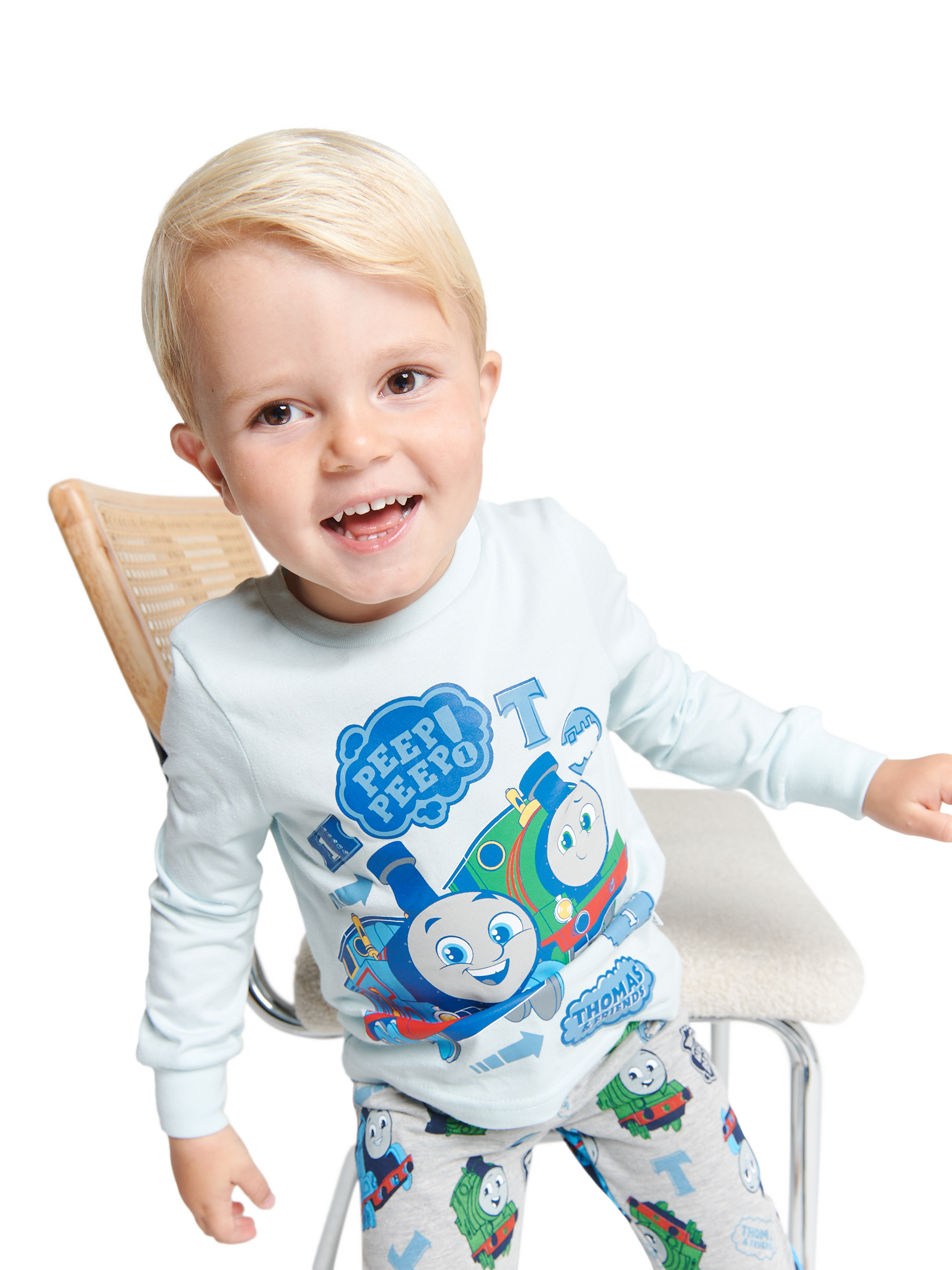 Product image 3 of 4, which shows Brand Threads Kids' Thomas The Tank Engine Pyjama Set, Grey/Multi, 1-2 years