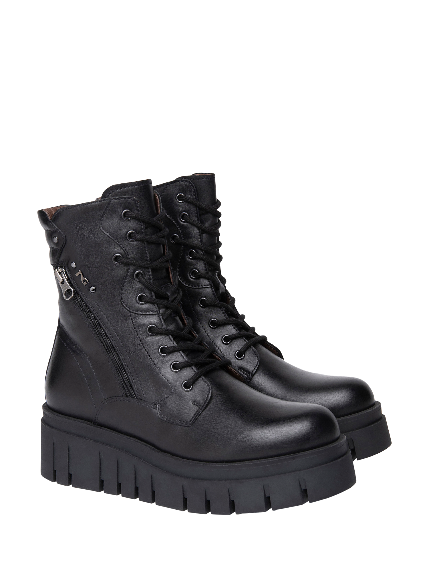 Product image 2 of 5, which shows NeroGiardini Suni Leather Combat Boots, Black, 2